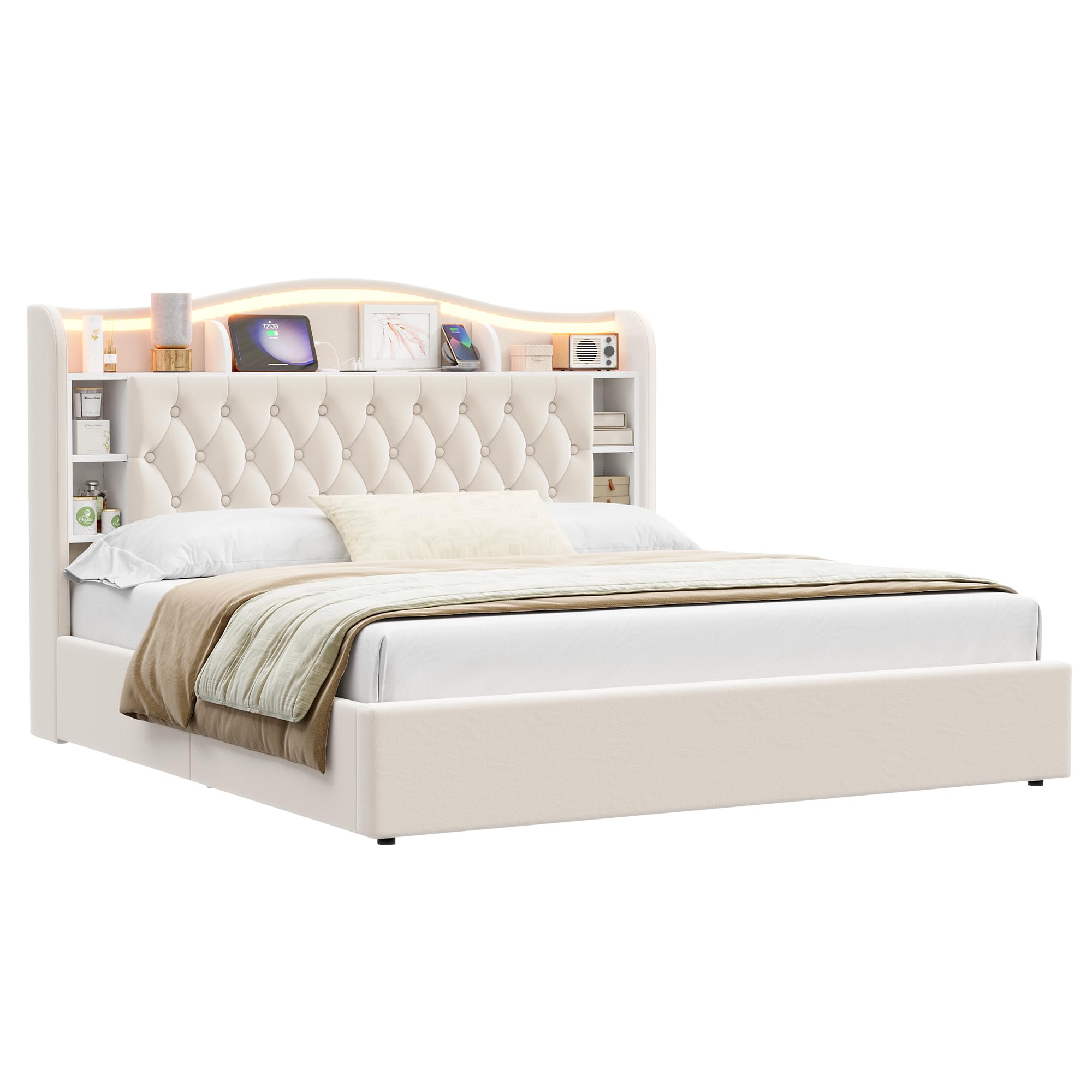 Size Bed Frame Hydraulic Lift up Storage Bed Frame with LED Lights & USB Outlets