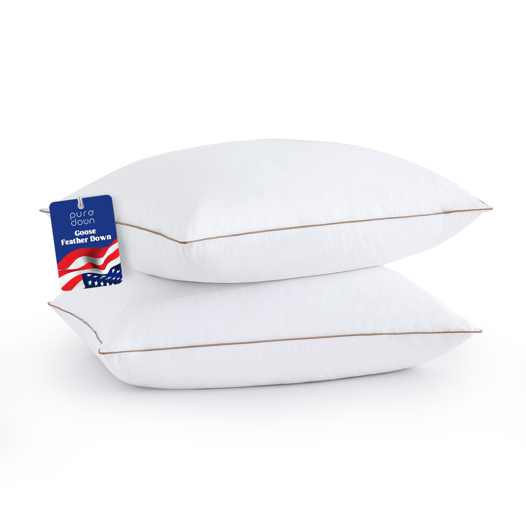 Goose Feathers Down Pillows Standard Size Set of 2 - Filled in The USA Soft Fluffy Hotel
