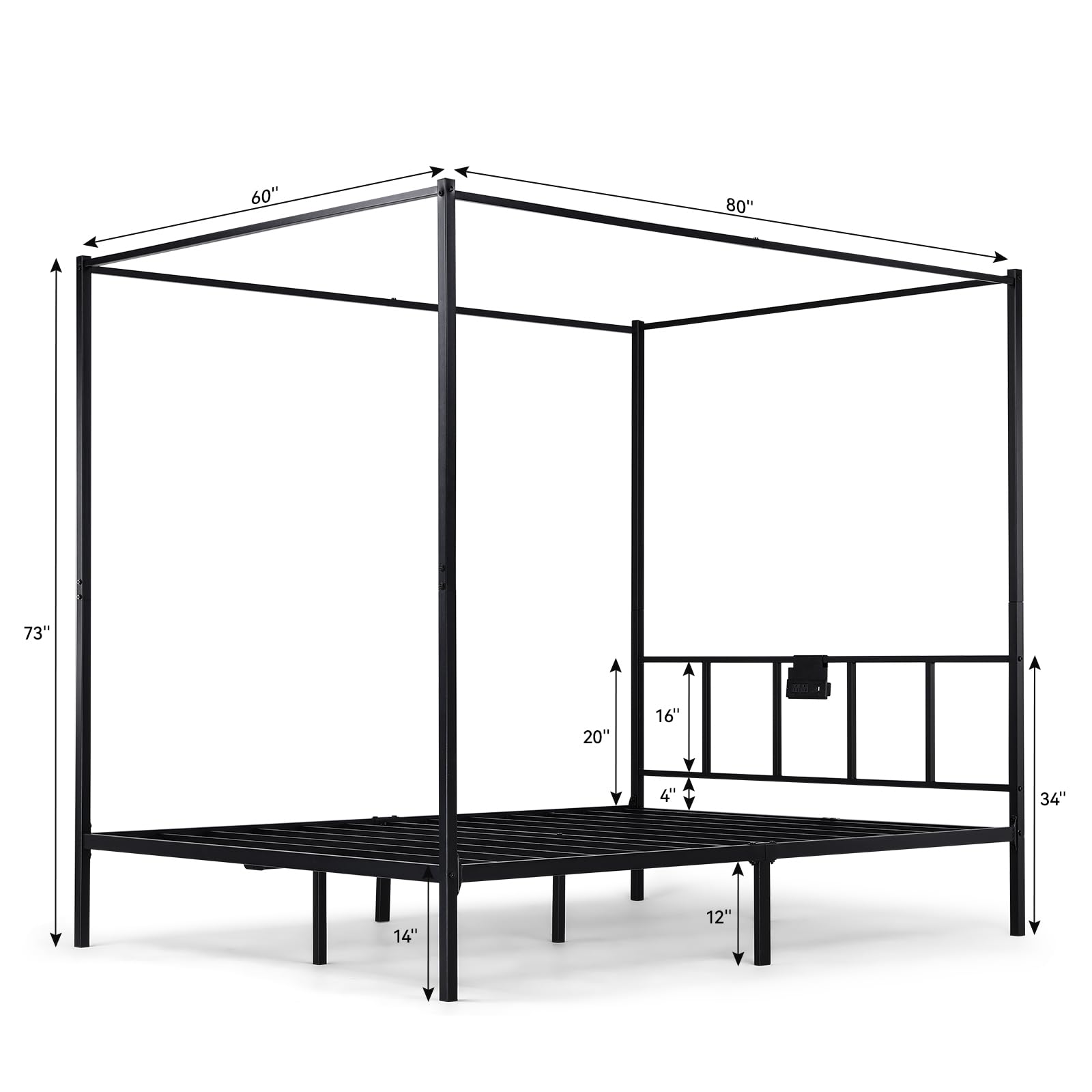 Canopy Bed Frame,Metal Bed Frames with Movable Charging Station,Four-Poster Platform