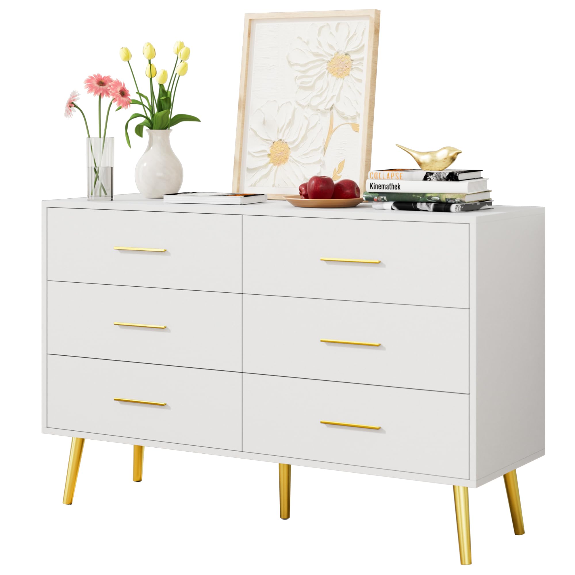 White Dresser for Bedroom, 6 Drawer Wood Double Dresser with Gold Handles