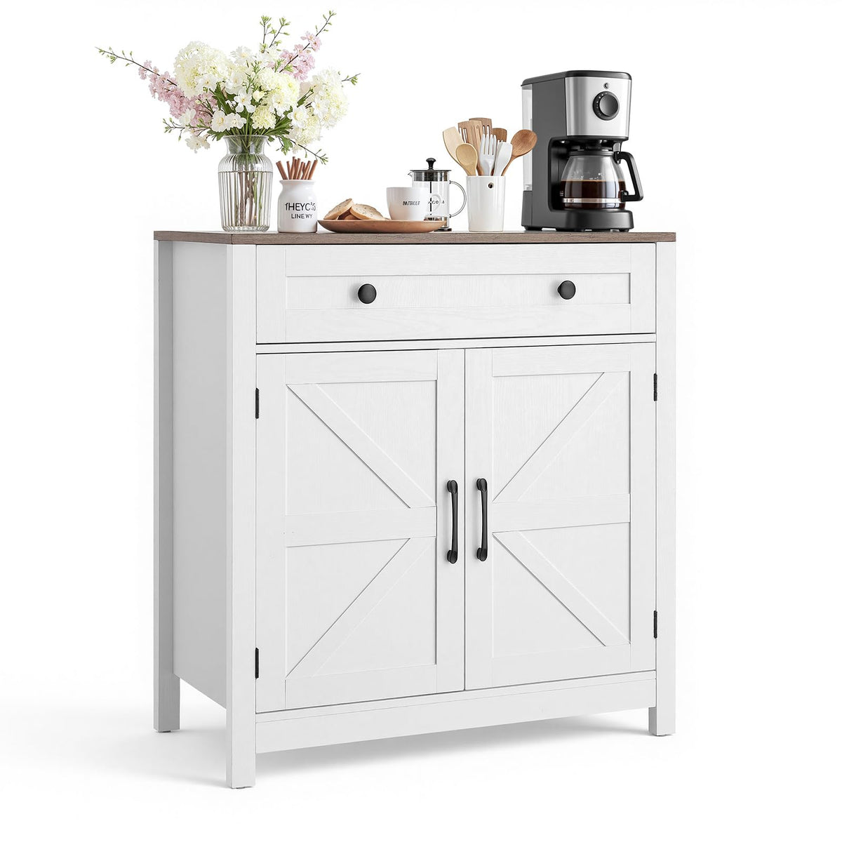 Coffee Bar Cabinet with Barn Doors & Adjustable Shelves