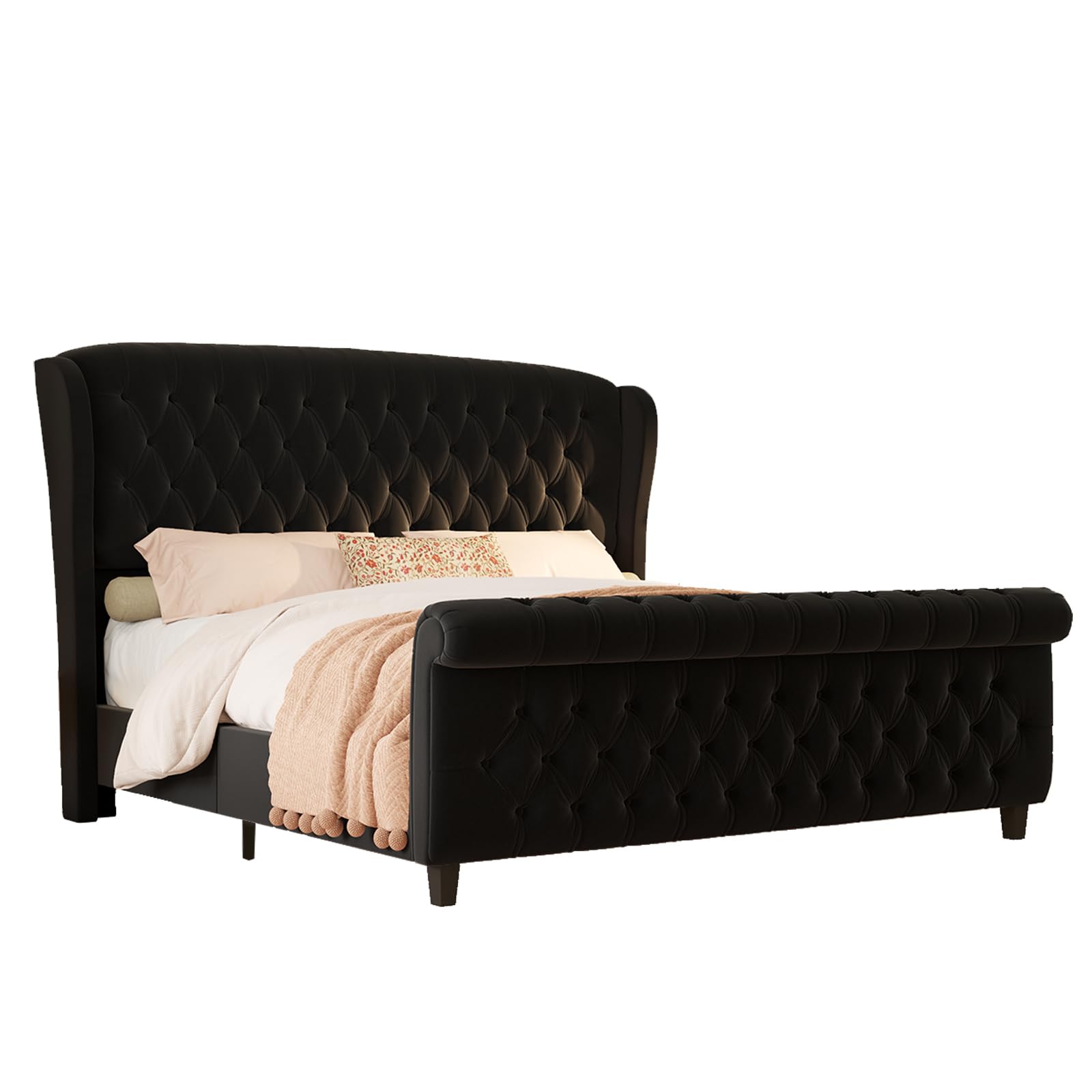 King Size Platform Bed Frame, Velvet Upholstered Sleigh Bed with Curved Headboard