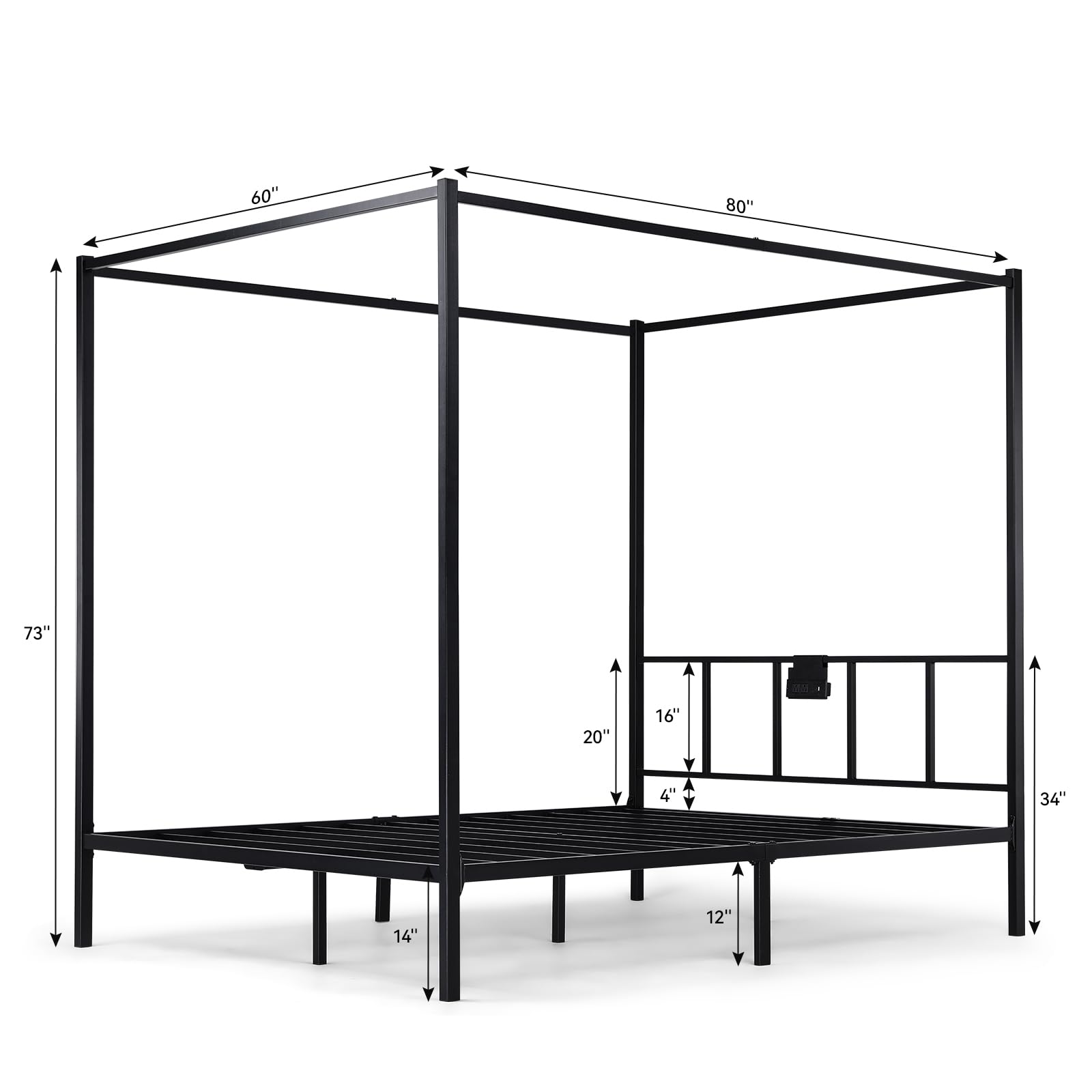 Canopy Bed Frame, Metal Bed with Movable Charging Station, Elegant Four-Poster Design