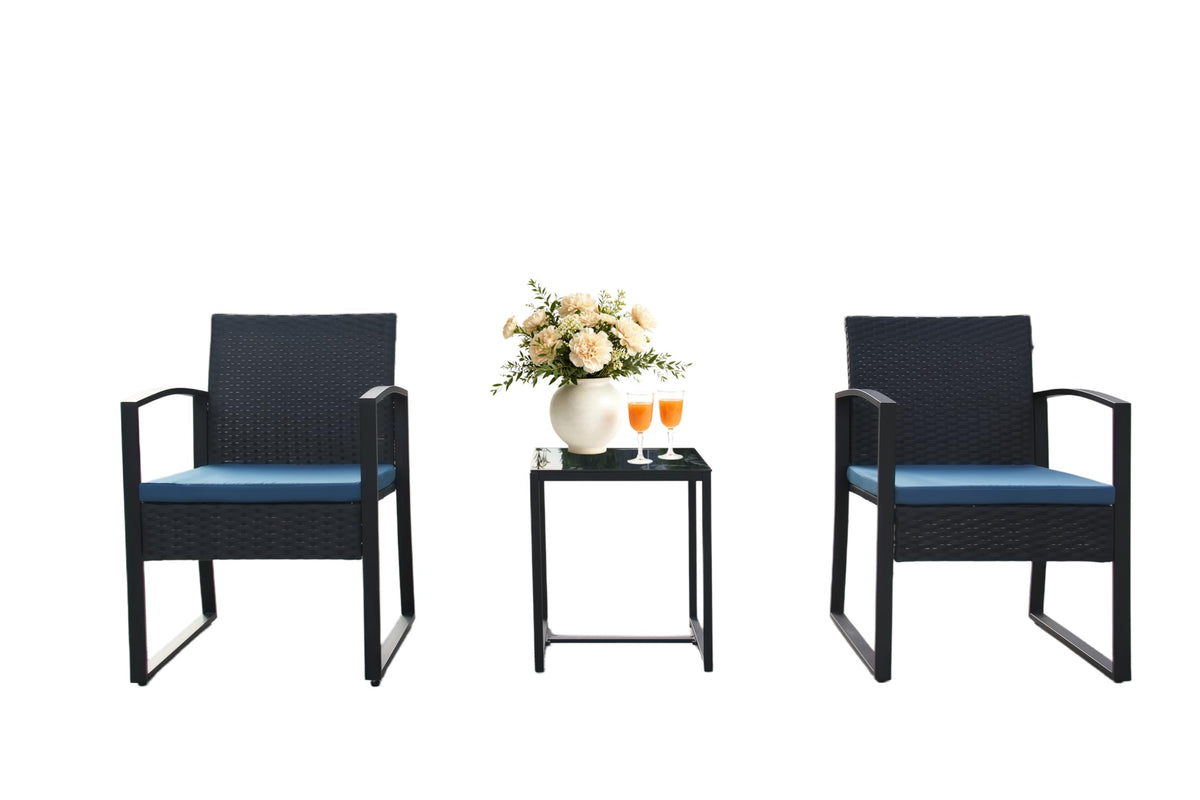3-Piece PE Rattan Patio Bistro Set with Tempered Glass Table
