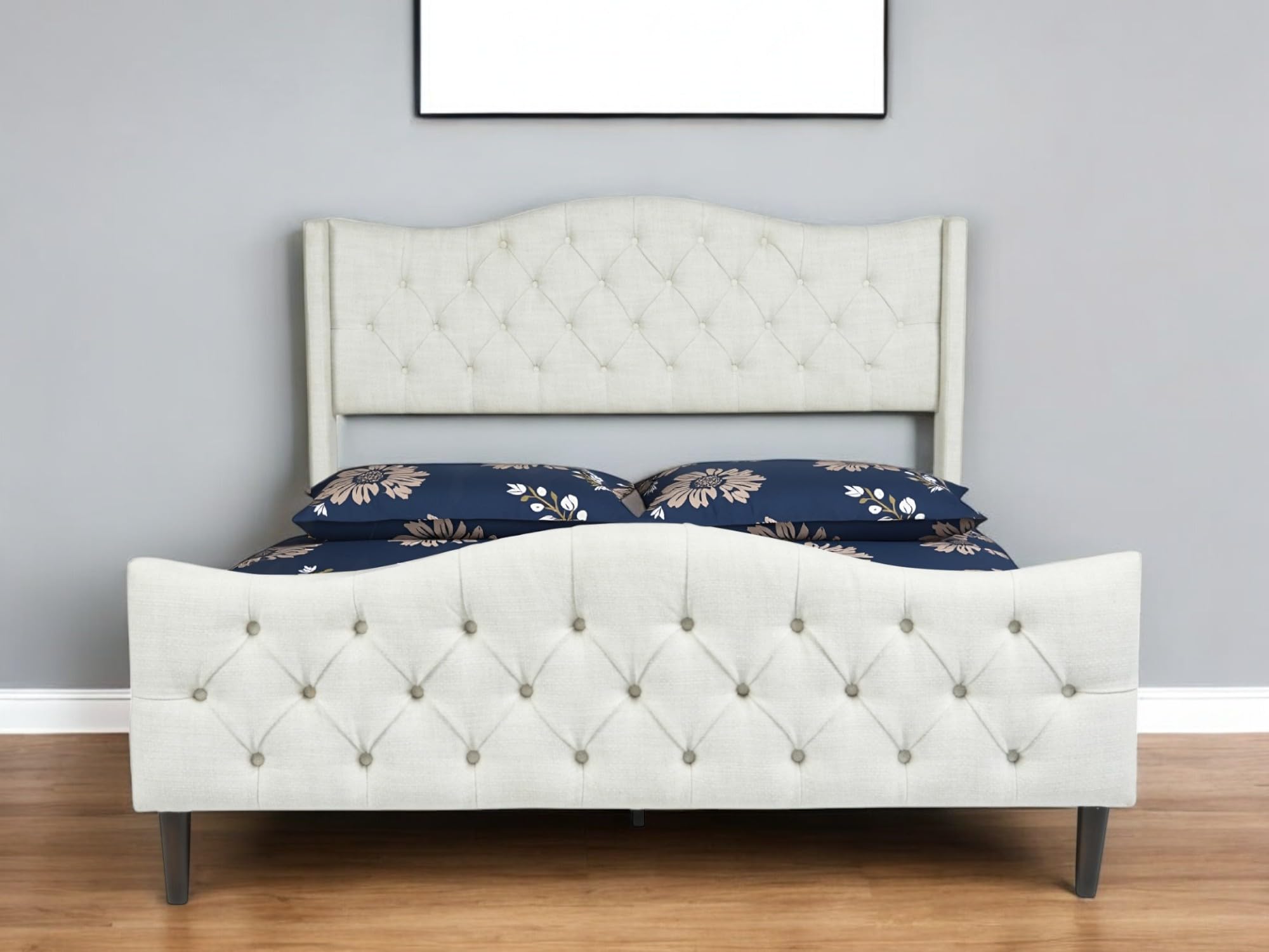 Beige Tufted Upholstery King Bed Frame