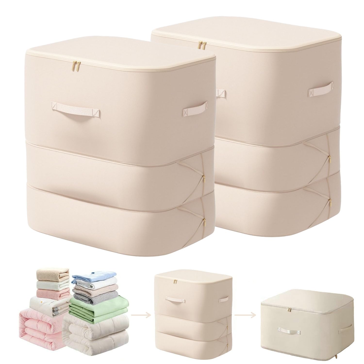 Ultra Space Saving Self Compression Organizer, 2025 New 3-Layer Zipper Large Capacity Storage Bag, Thick Satin Fabric Heavy Duty Bags for Comforters Blankets Bedding Duvet (Beige, X-Large, 2PCS)