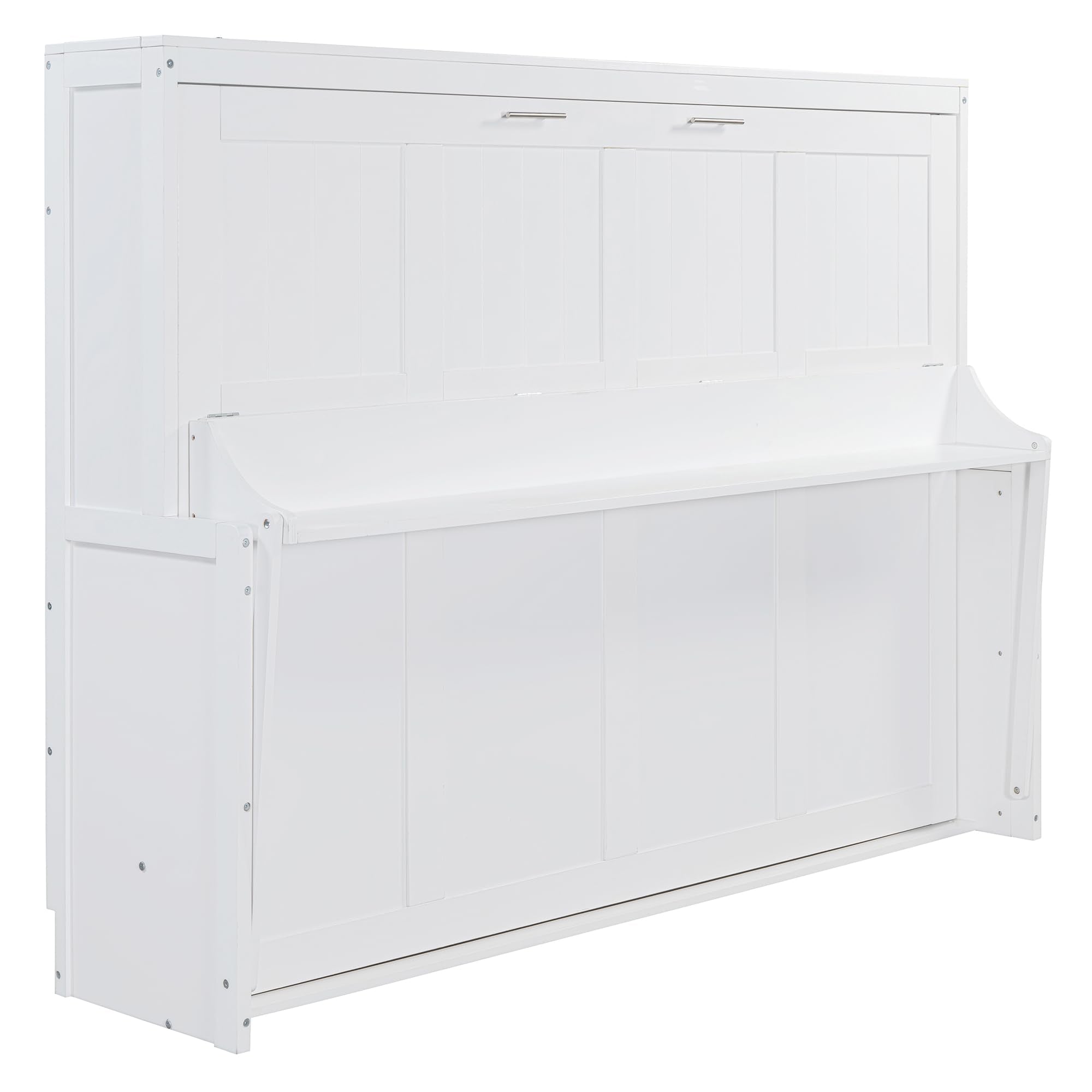 Horizontal Murphy Bed Queen Size, White Murphy Cabinet Bed with Desk