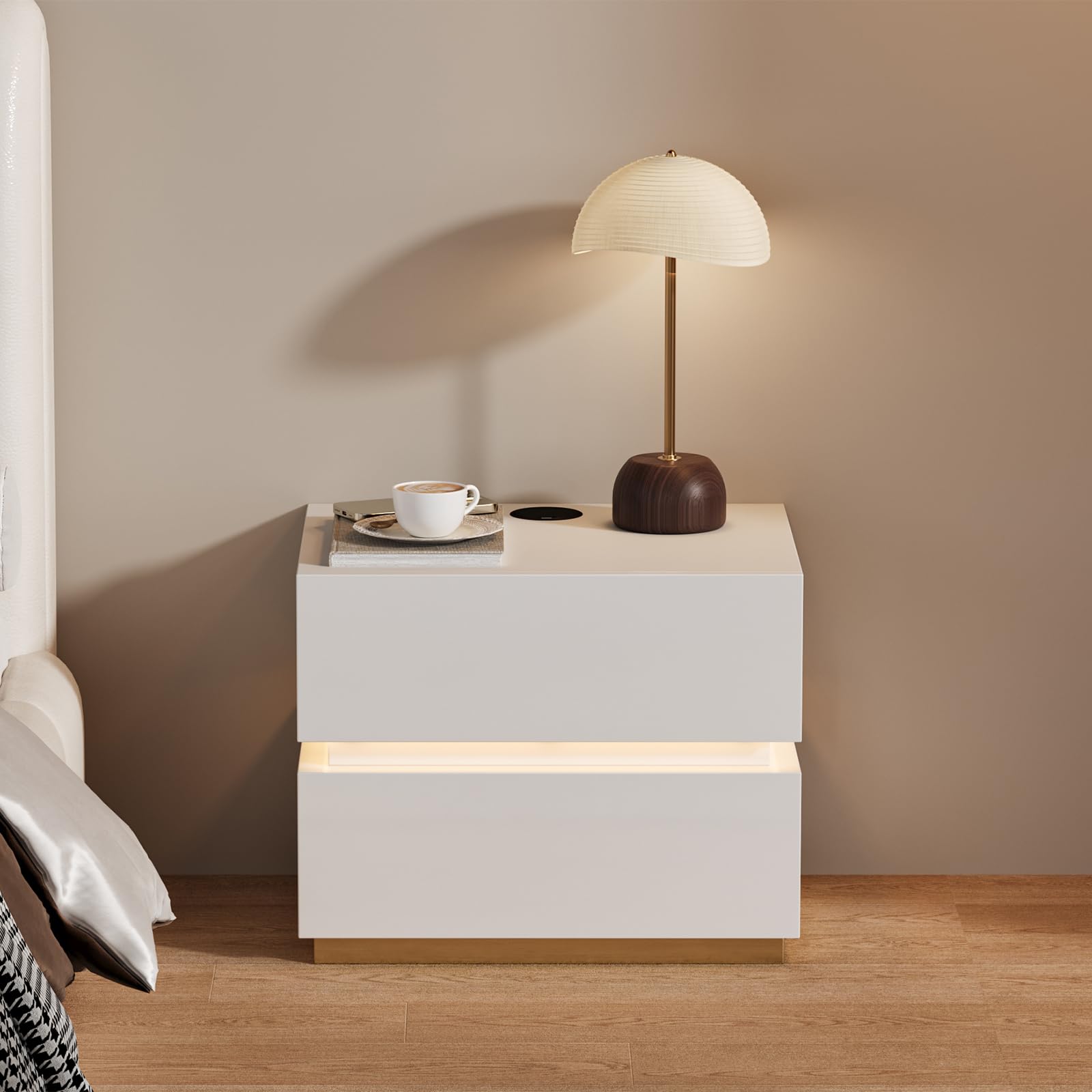 Smart Nightstand with Wireless Charging Station, USB & Type-C Ports, LED Light
