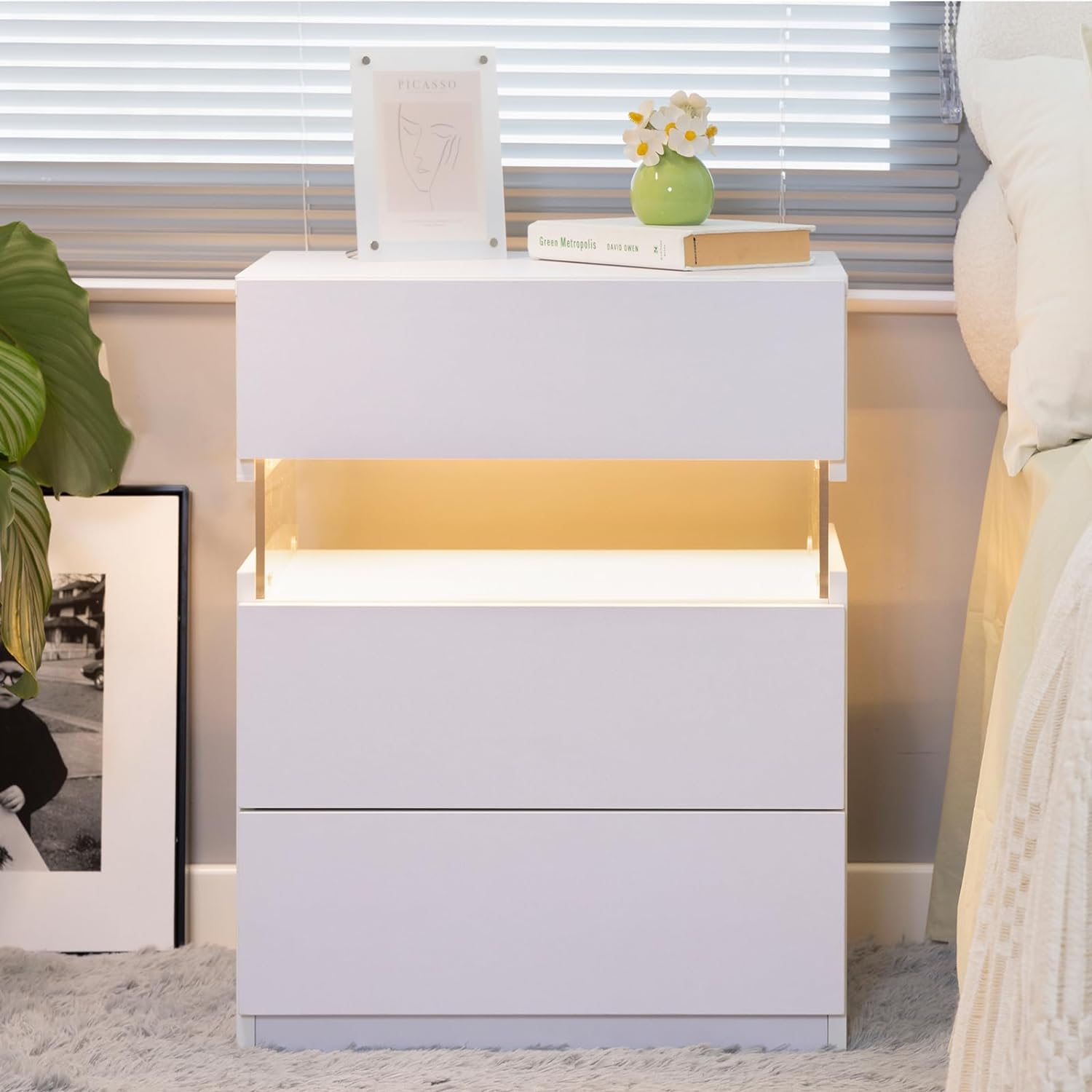Nightstand with 3 Drawers, 3-Color Light Settings