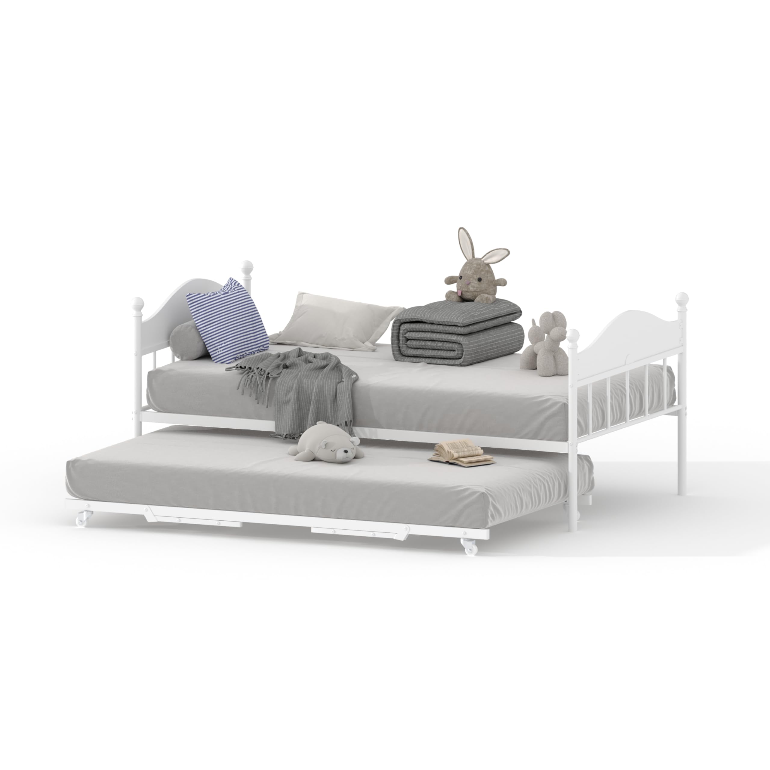 Metal Twin Size Day Bed With Stylish Headboard, Sofa Bed Frame With Pop Up