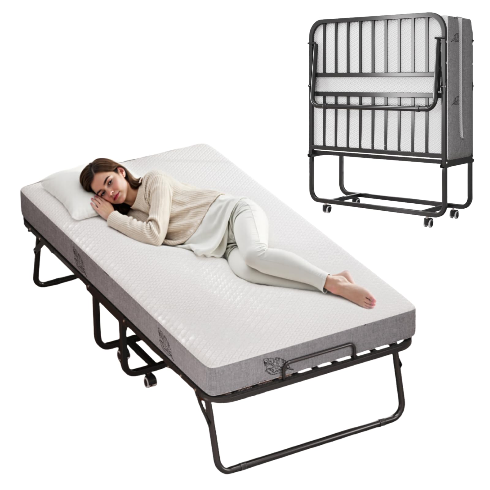 Bed with Mattress, 75''x46'' Large Folding Bed with Upgraded Sturdy Steel