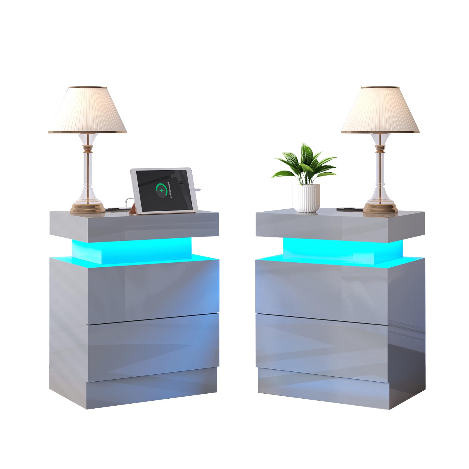 Nightstand Set of 2 with Charging Station and LED Light
