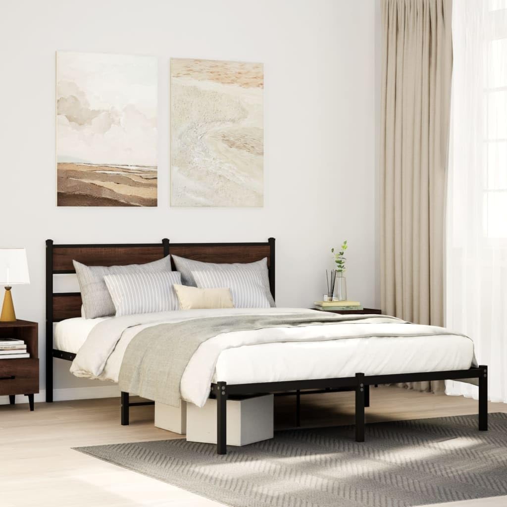 Brown Oak Full Bed Frame with Headboard for Bedroom Furniture