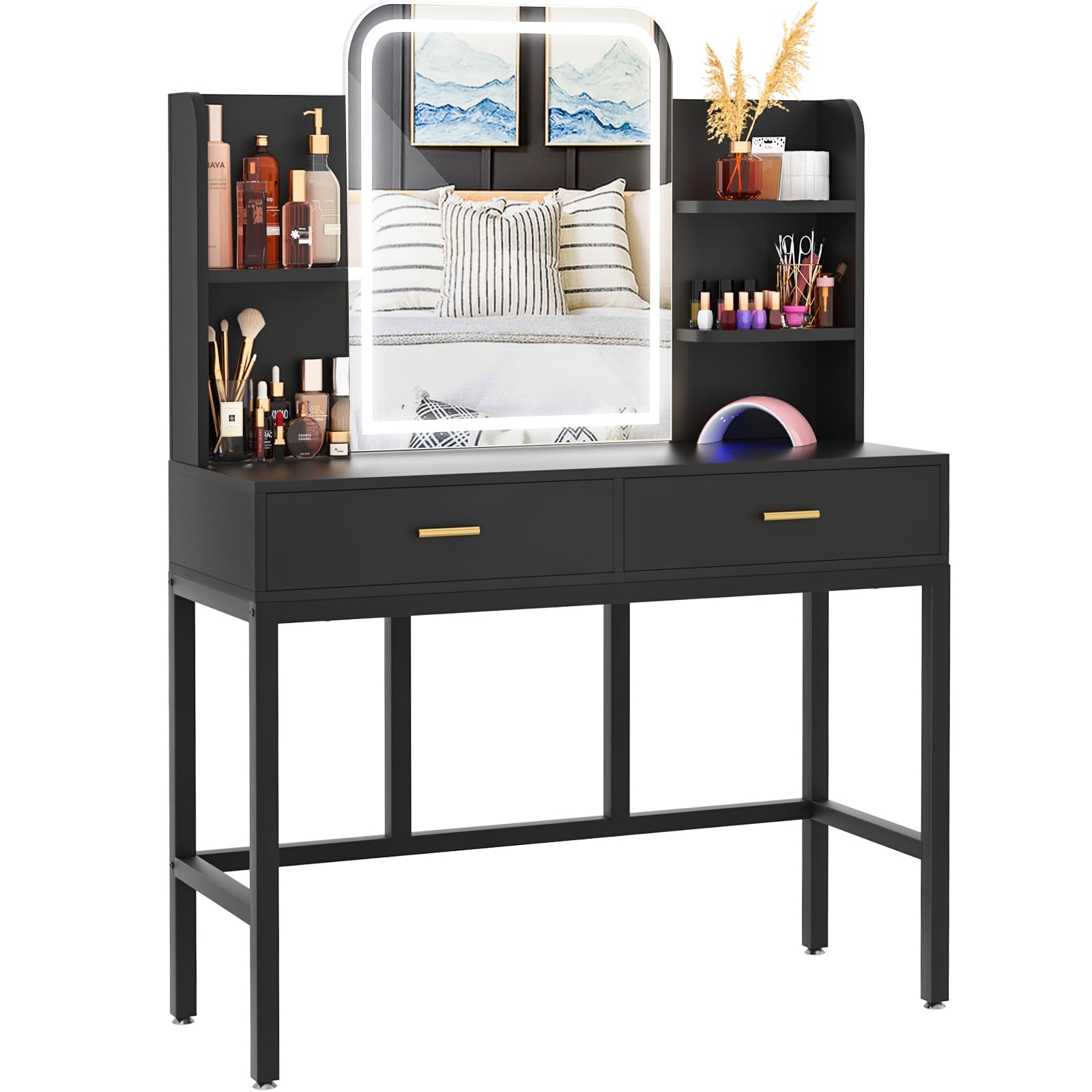 Vanity Desk with Mirror and Lights, Makeup Vanity with 2 Storage Drawers