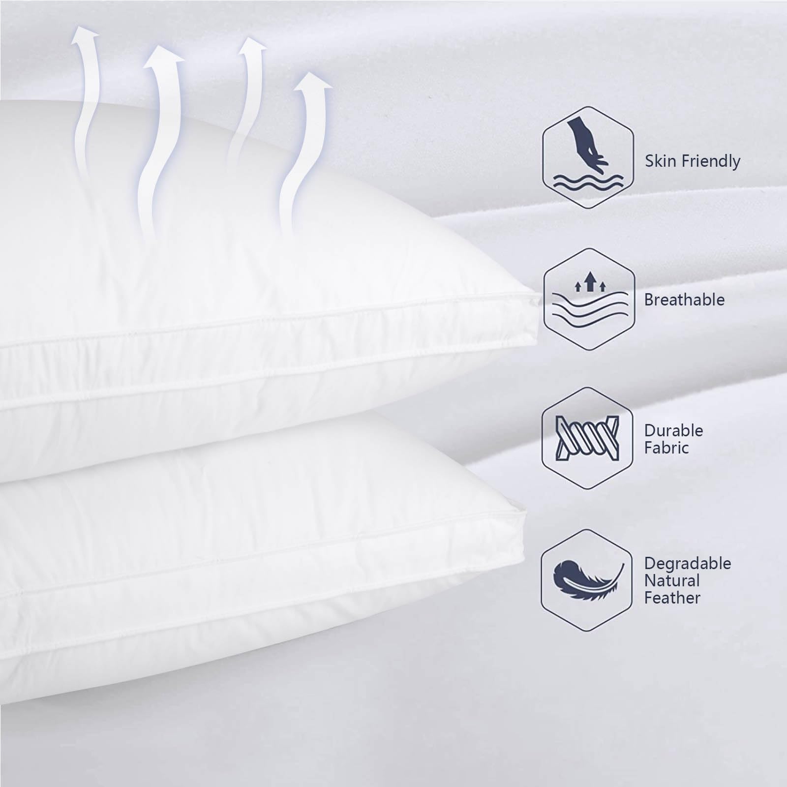 Set of 2 Standard Size Down Pillows - Goose Feather & Down Blend Pillows 440 Fill Power, 100% Cotton Cover, Hypoallergenic, Medium Support