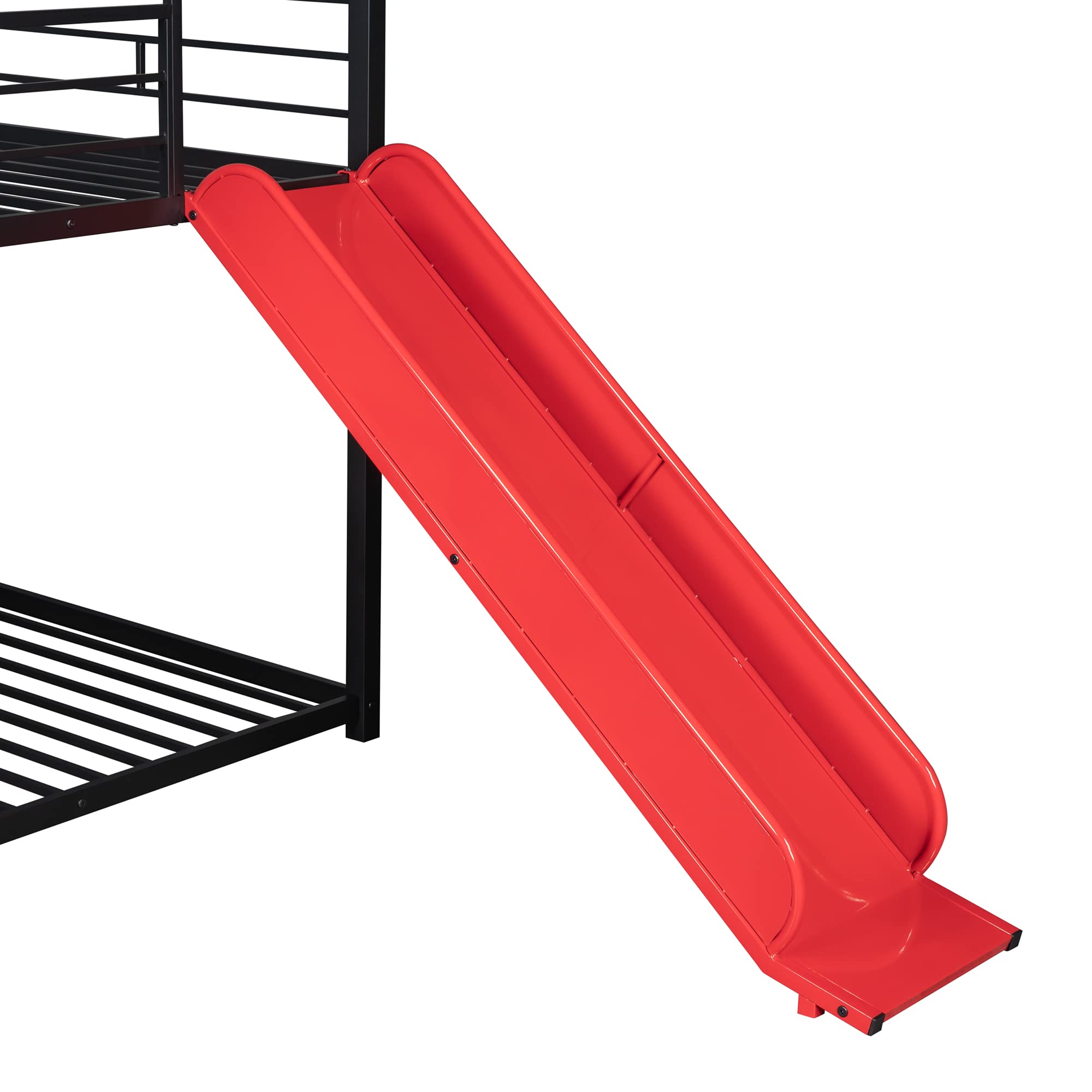Twin Metal Bunk Bed with Slide and House Design, Black Bed Frame with Red Slide