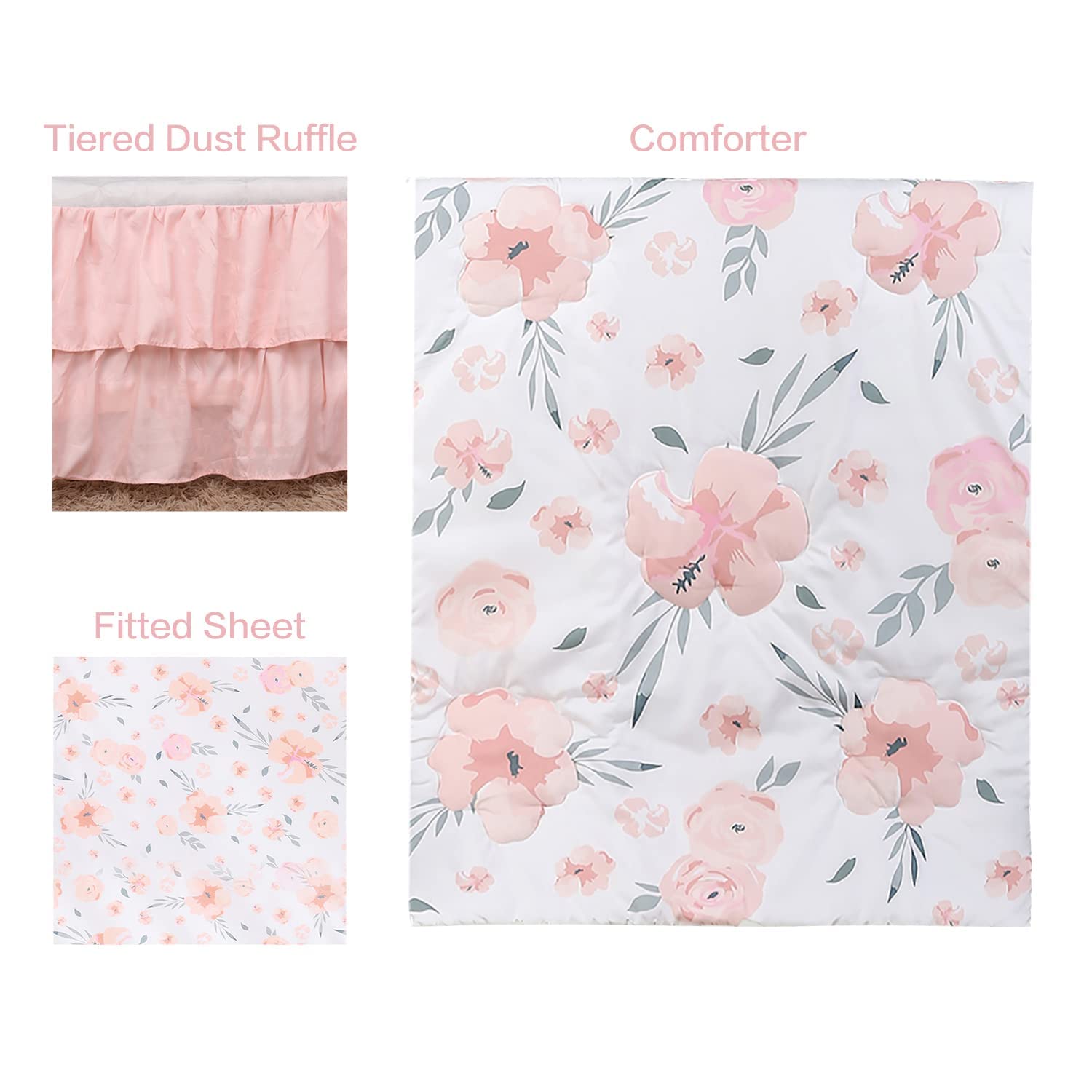 PINNKKU 3-Piece Crib Bedding Set for Boy Girls, Includes Crib Skirt, Blanket, Sheet, Baby Bedding, Floral, Mini Size