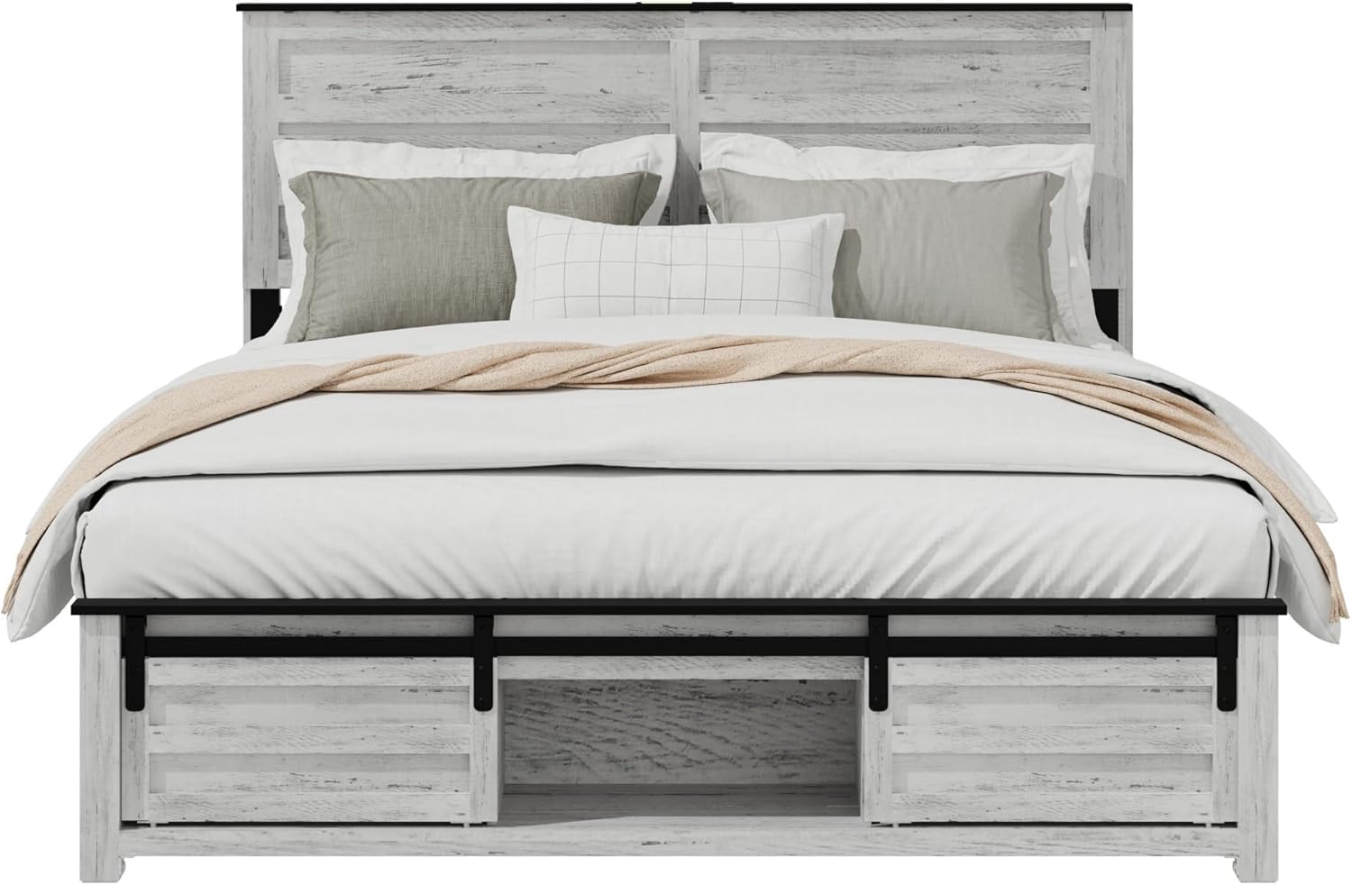 Queen Size Wooden Bed Frame with Charging Headboard – Rustic Farmhouse Platform Bed