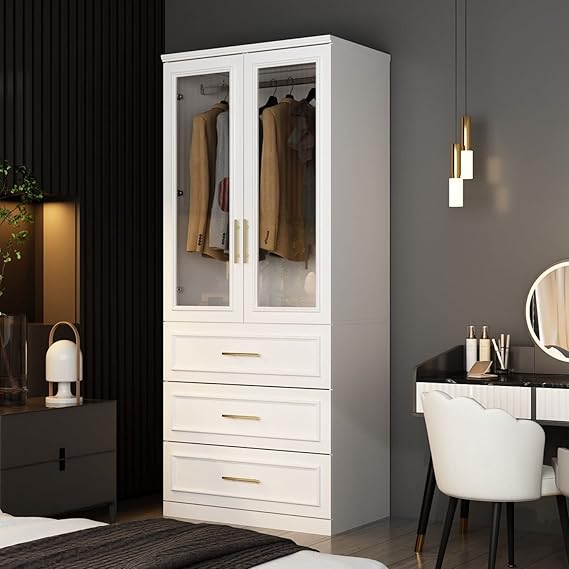 2 Door Wardrobe Tall and Narrow Armoire Wardrobe with Hanging Rod