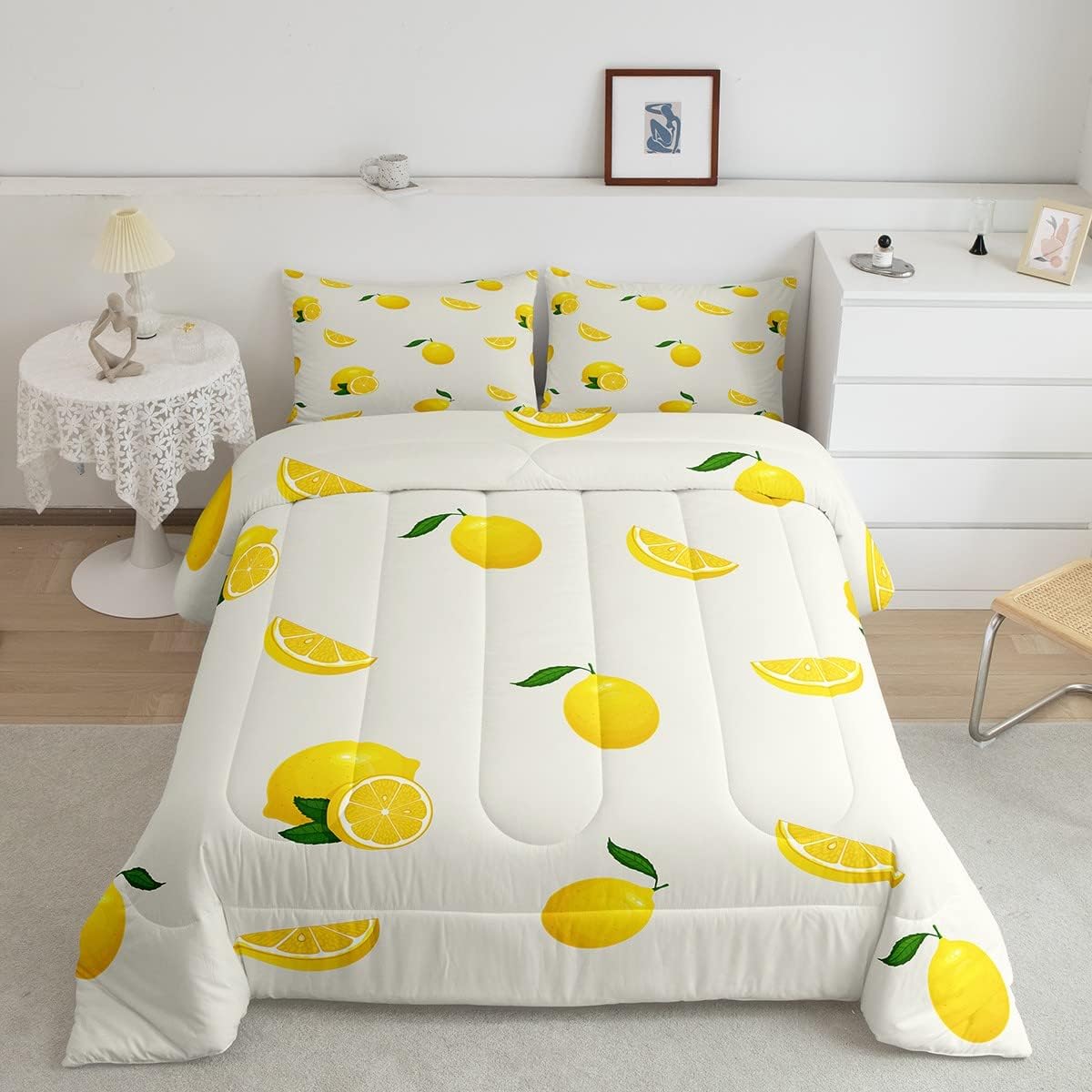 Lemon Comforter Set Queen Size,Yellow Fruit Print Bedding Set Kids Young Man