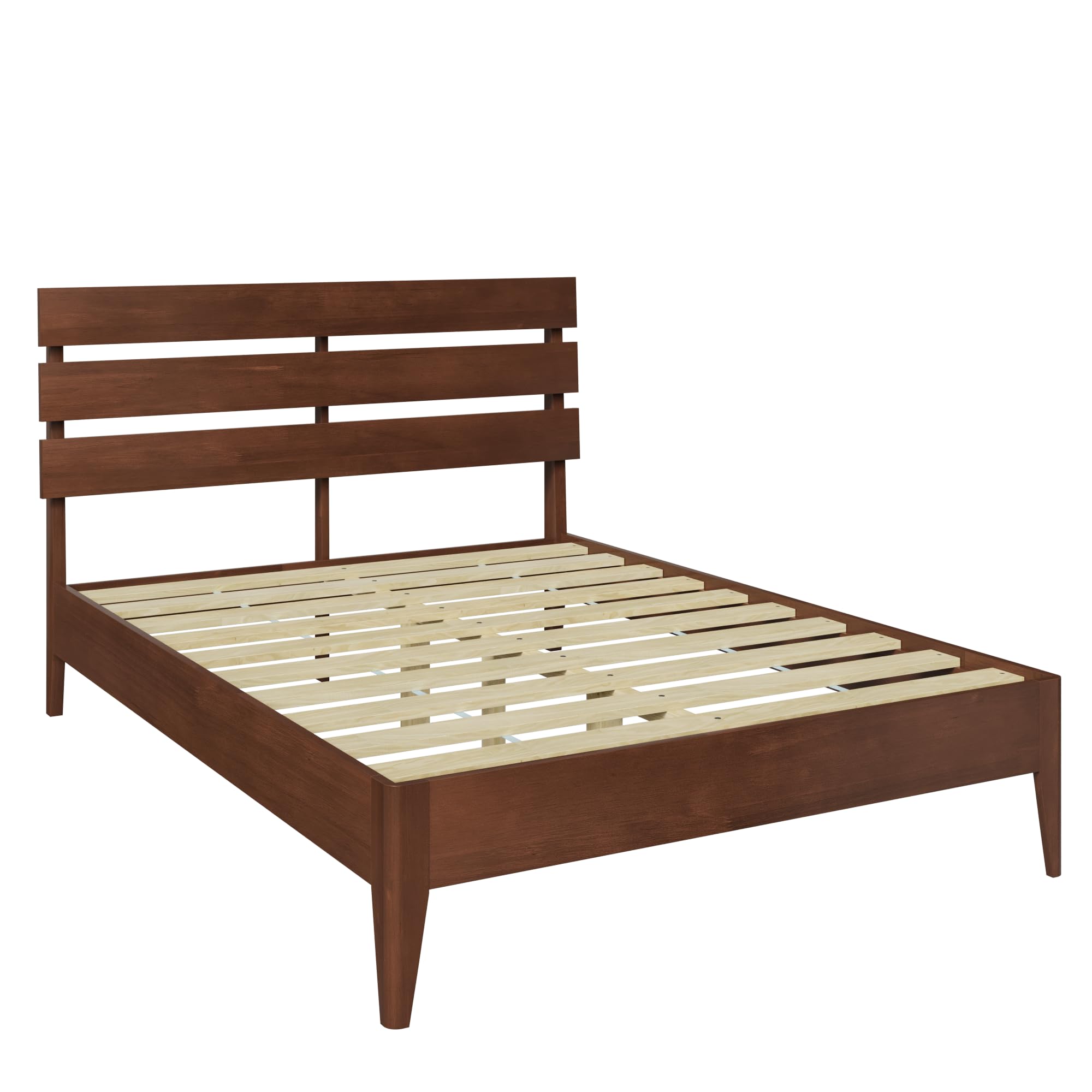 Wood Queen Bed Frame with Headboard, Mid-Century Modern Solid Wood Platform Bed