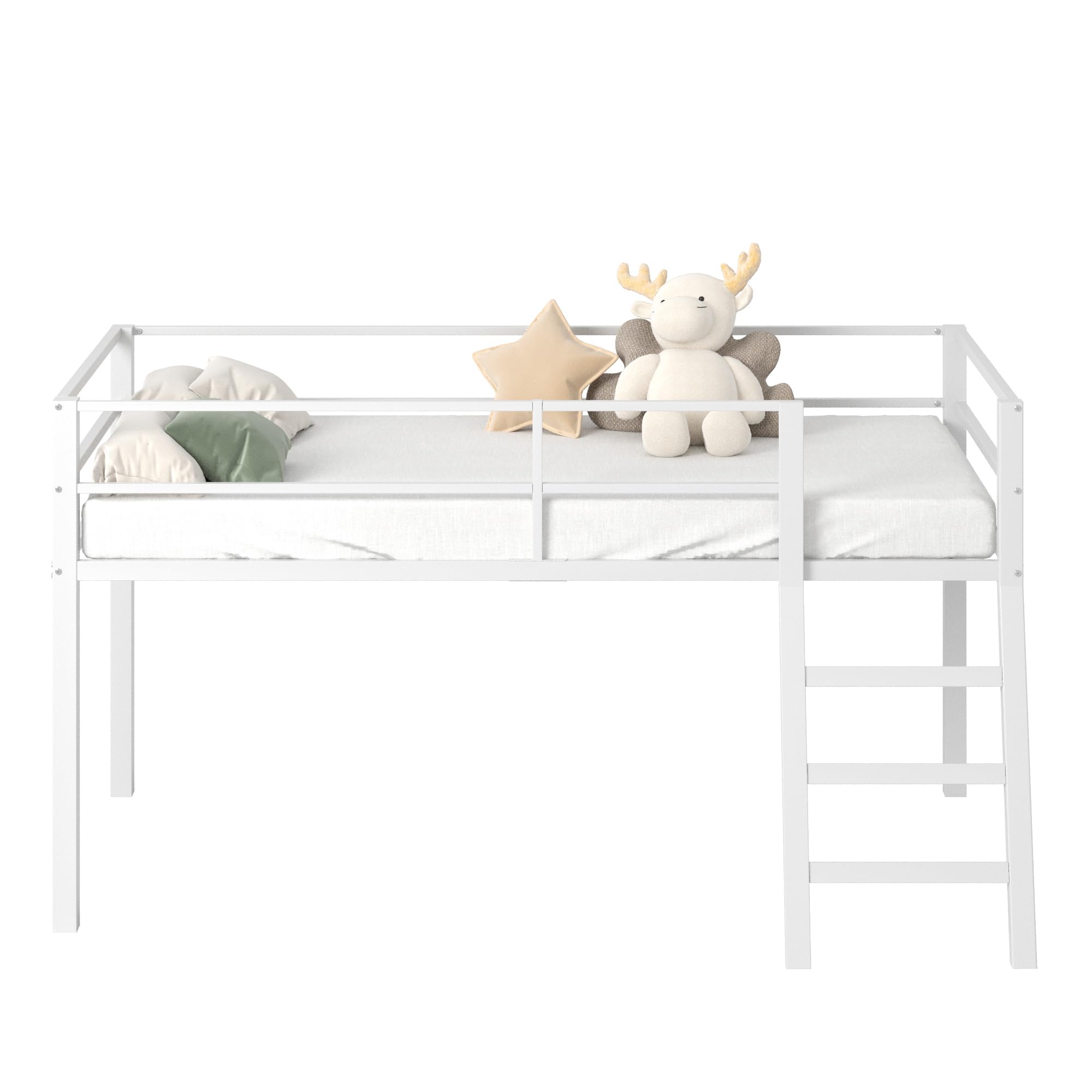 Loft Bed Twin Size, Low Junior Metal Twin Loft Bed with Stairs and Safety Guard