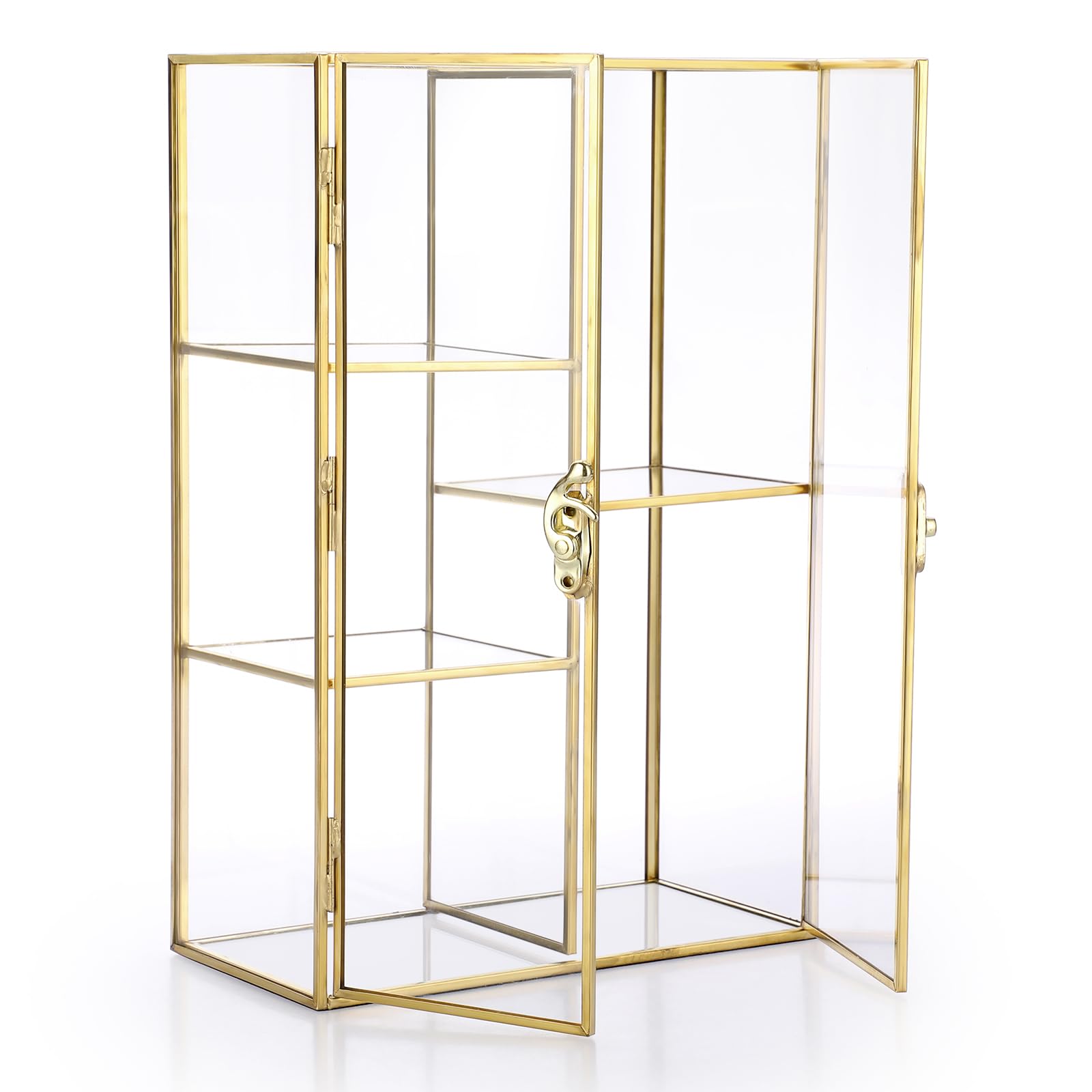 3-Tier Glass Display Box with Gold Metal Frame