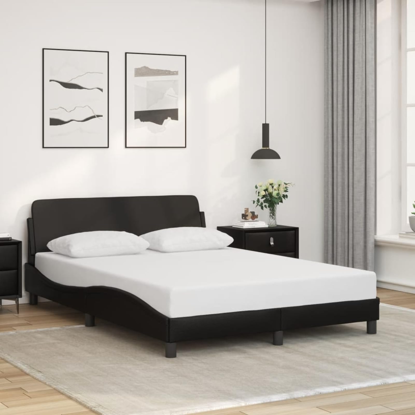 Bed Frame Without Mattress Black 53.9 x 74.8 Inch Faux Leather Full Size Platform Bed