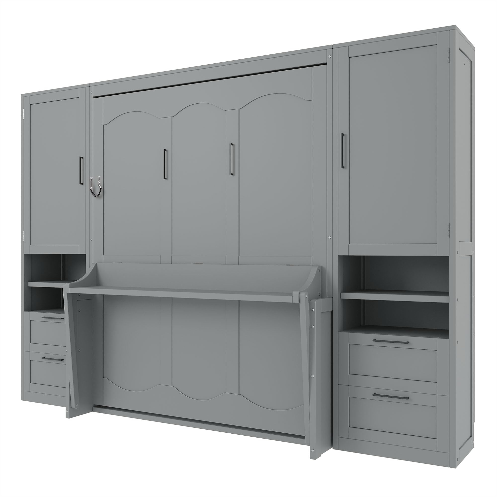 Size Murphy Bed with Desk, Space-Saving Wall Bed Frame with Closet