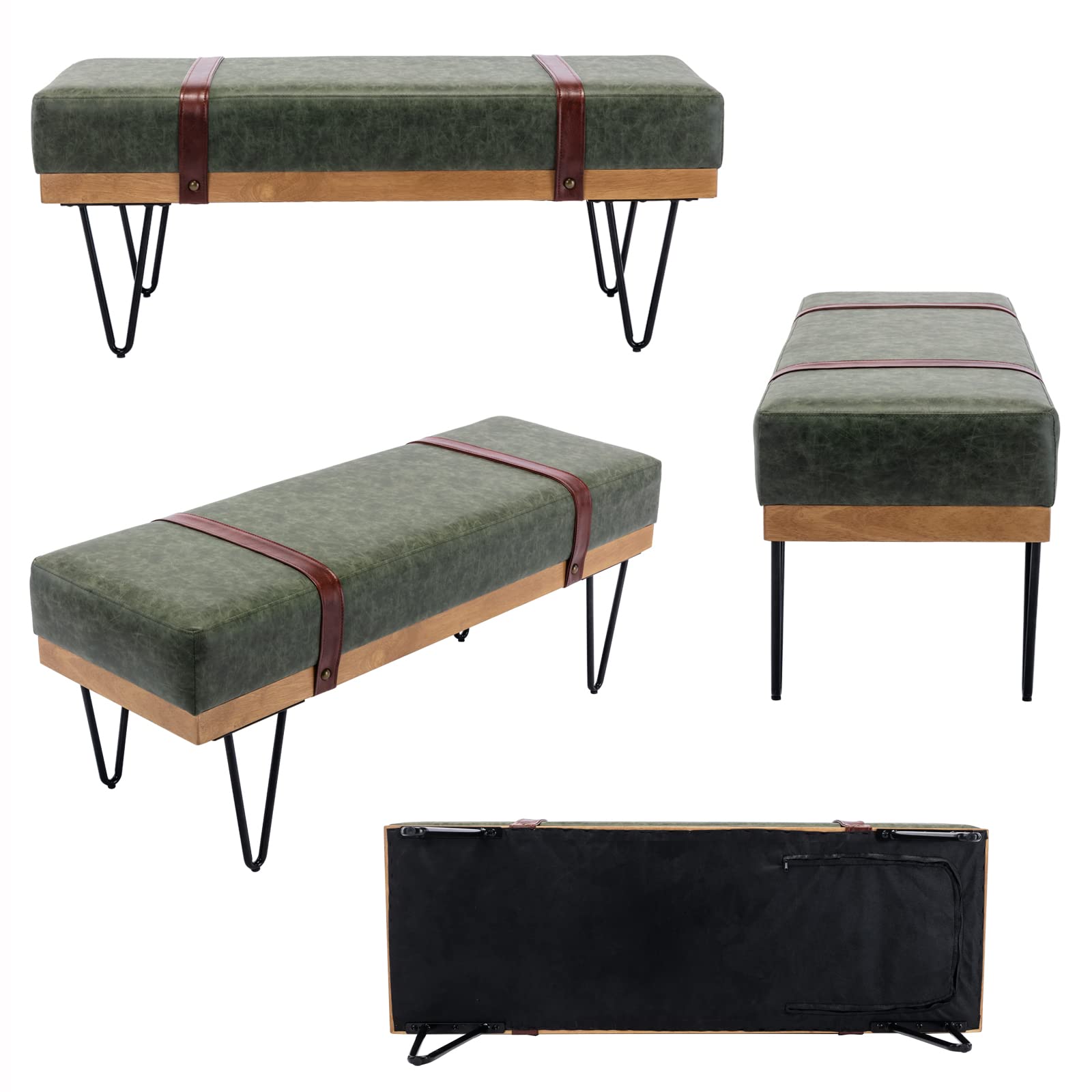 ndustrial Modern PU Rectangle Ottoman Bench with PU Strap and Metal Legs