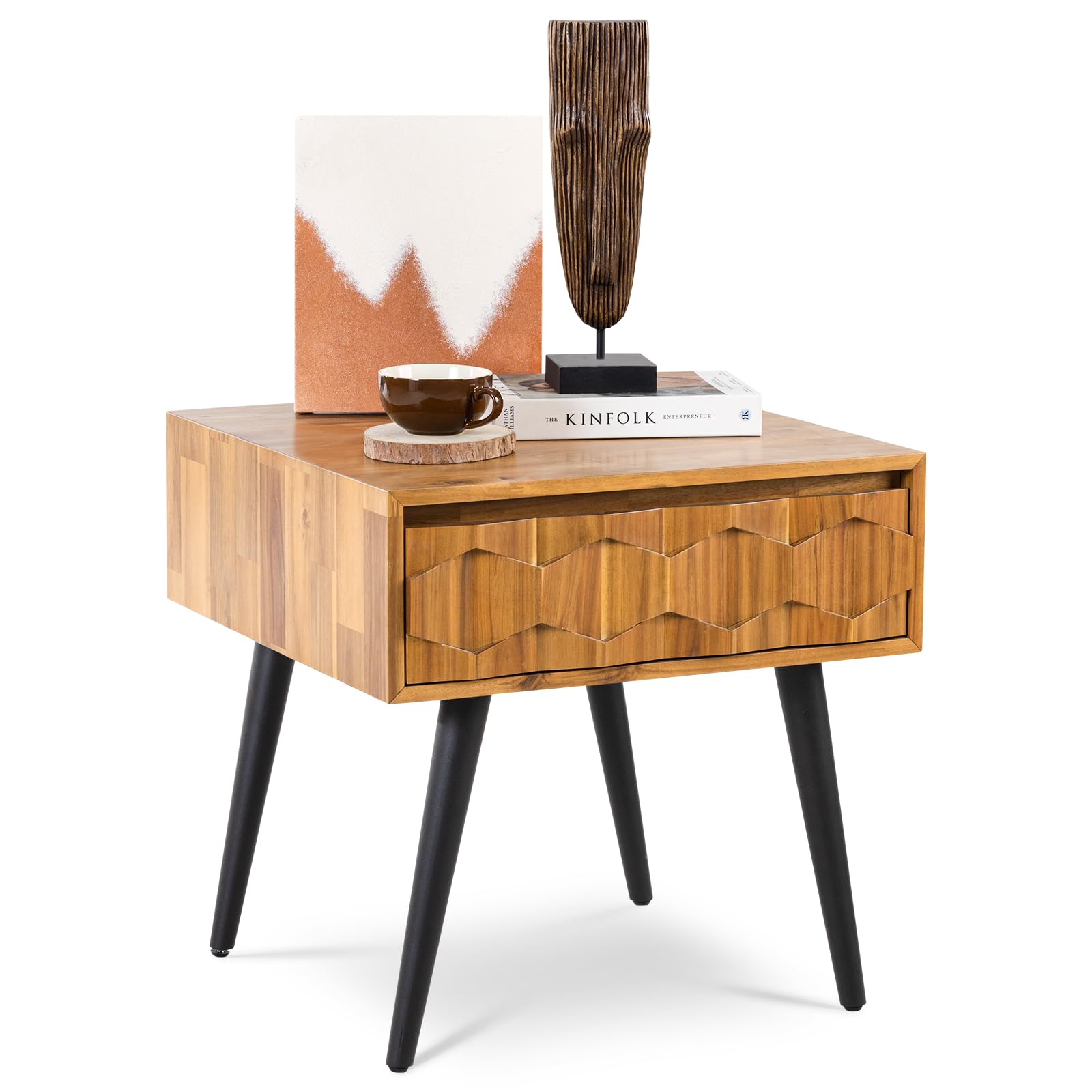 Georgina Solid Wood Nightstands with Drawers - Fully Assembled Rustic Geometric Pattern