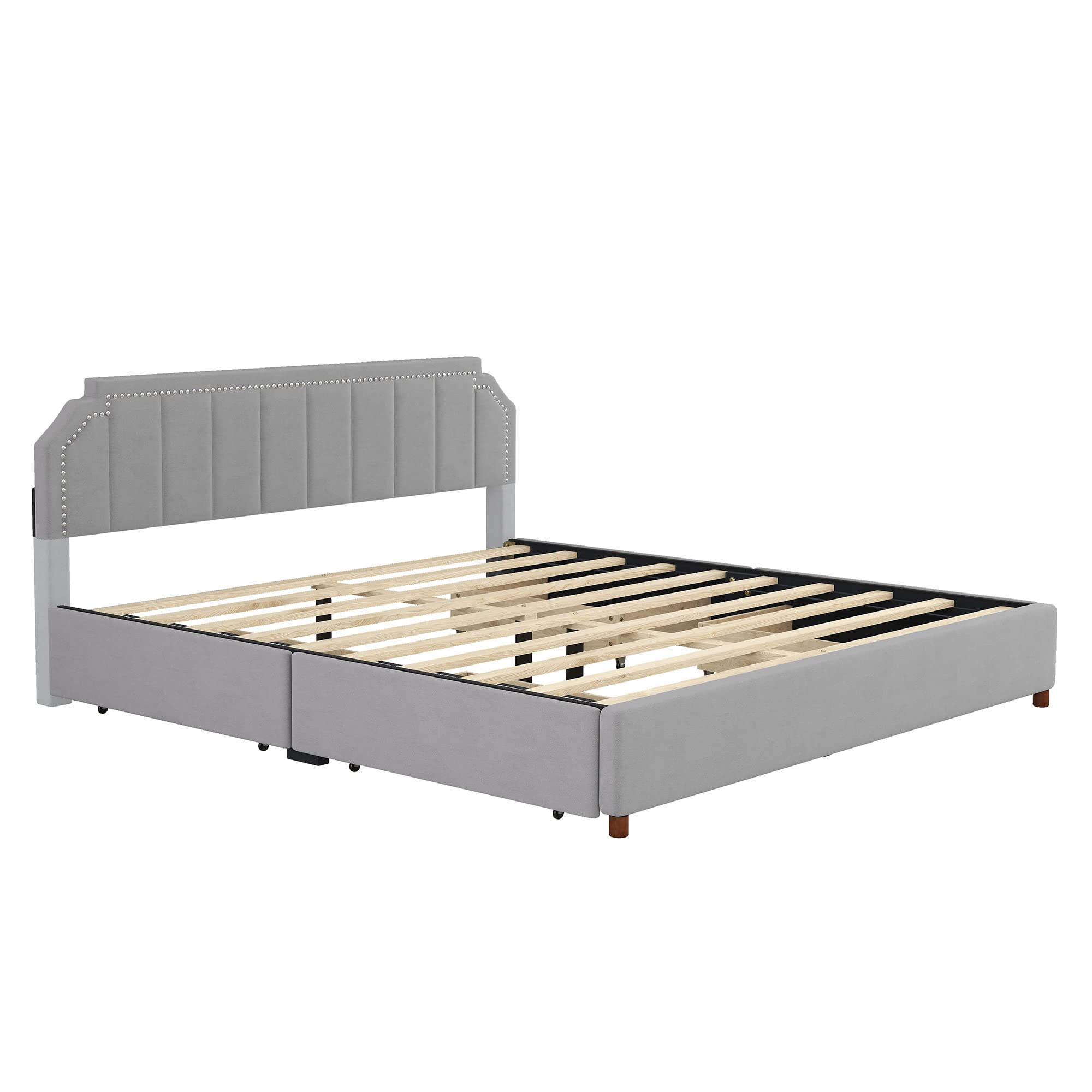 King Size Upholstery Platform Bed with Nailhead Trim Headboard, Velvet Fabric Platform