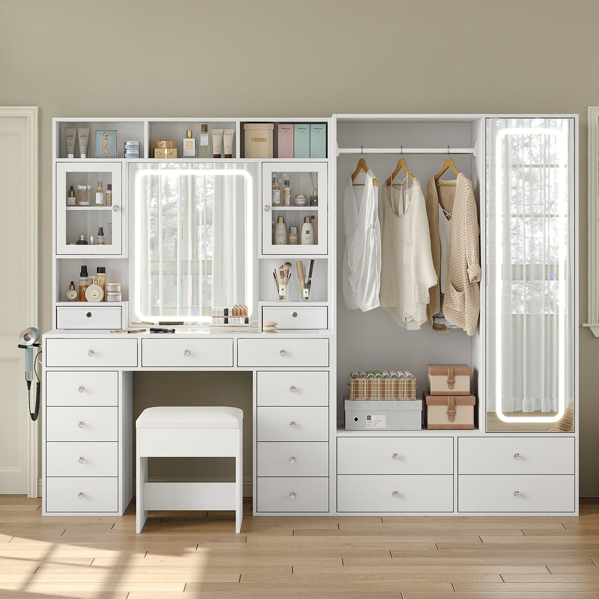 Vanity Desk with LED Mirrors and Wardrobe