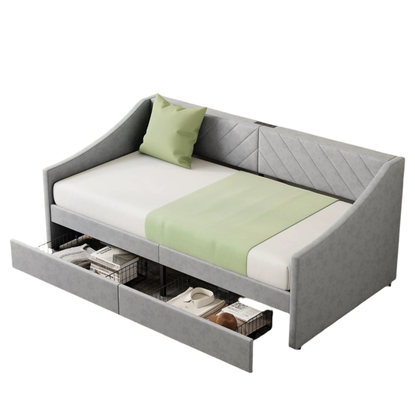 2 Storage Drawers, Upholstered Daybed Frame with Charging