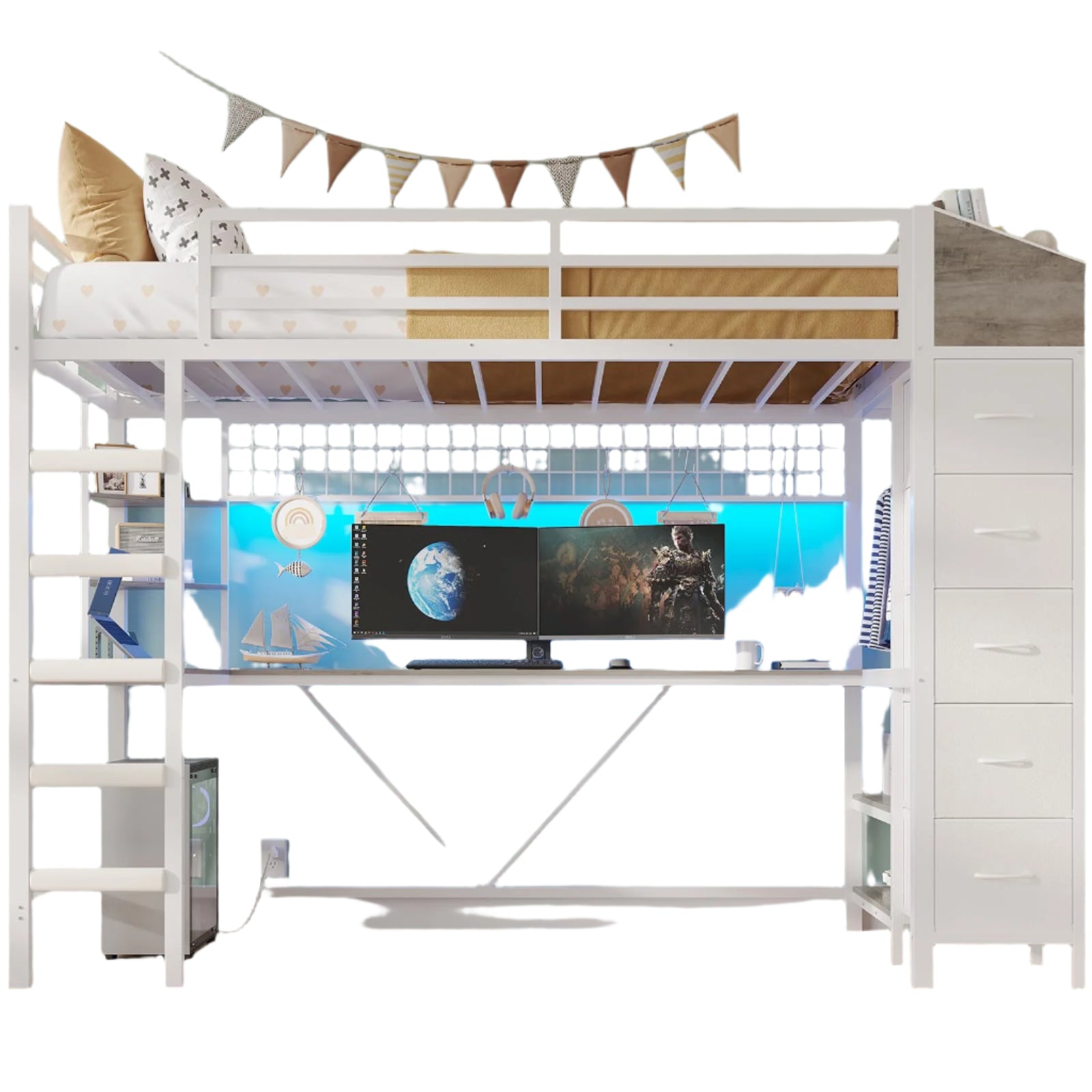 Loft Bed Twin Size with Hall Tree, Charging Station and LED Lights