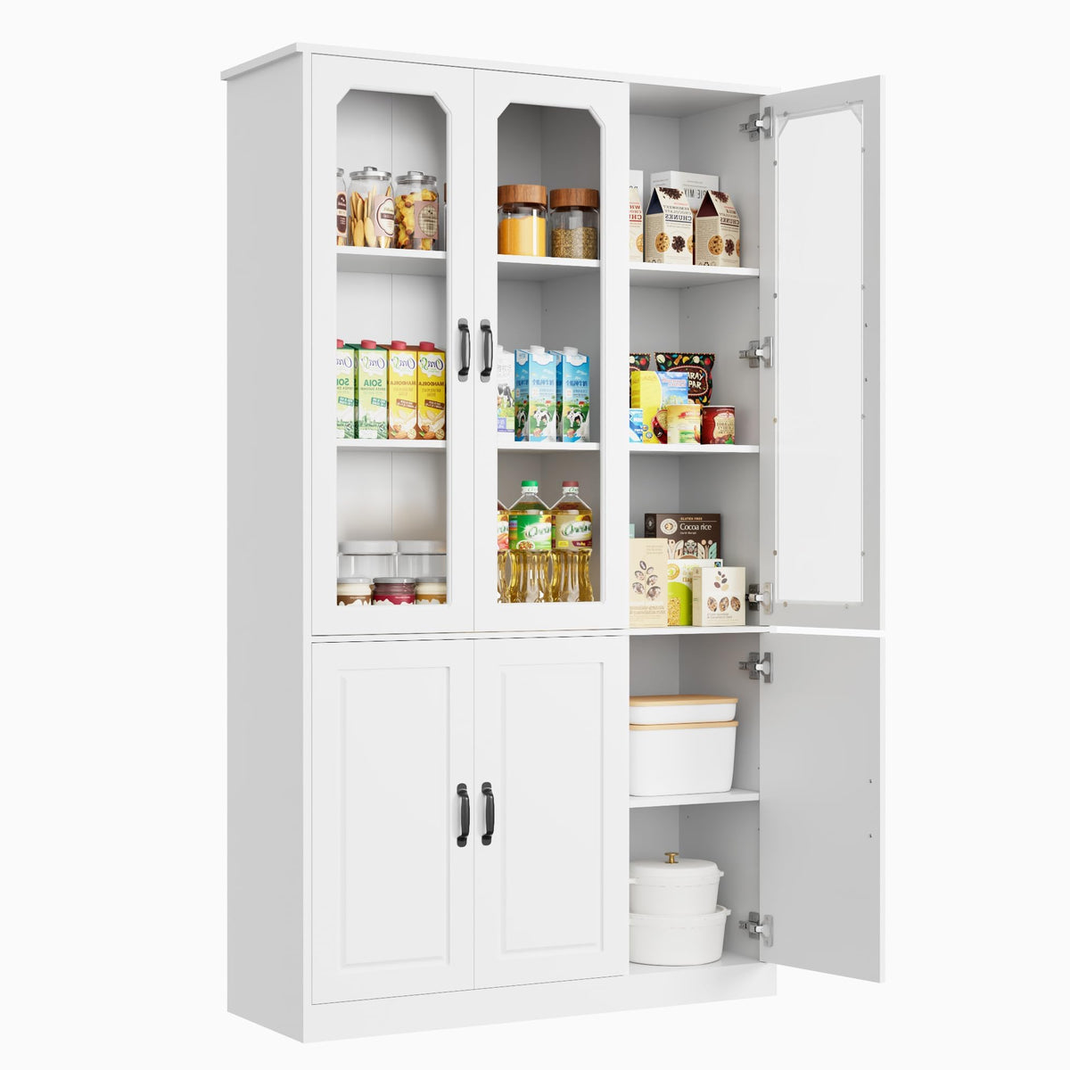 Tall Kitchen Pantry Cabinet with Glass Doors & Adjustable Shelves