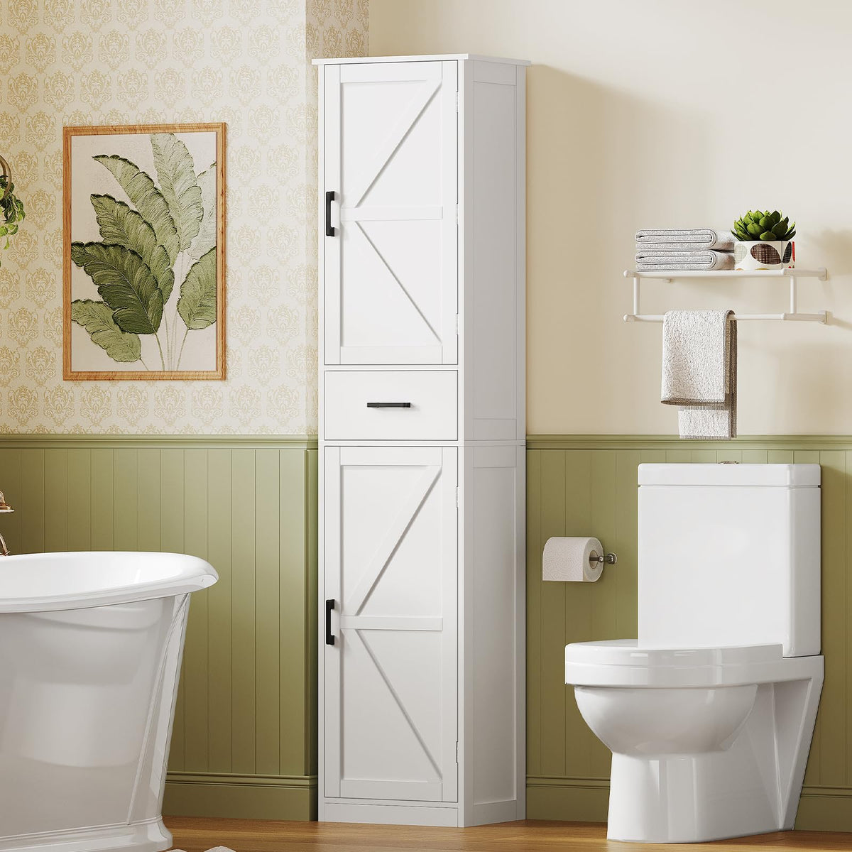 Tall Narrow Storage Cabinet with Barn Doors, Drawer & Adjustable Shelves