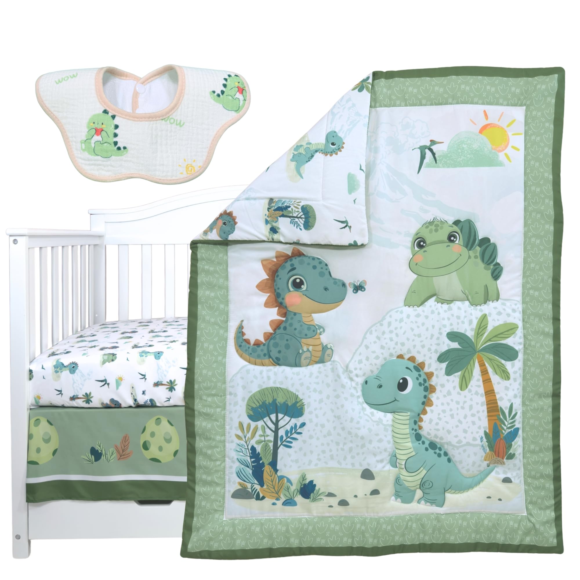 4 Piece Unisex Baby Dinosaurs Crib bedding set for Boys or Girls