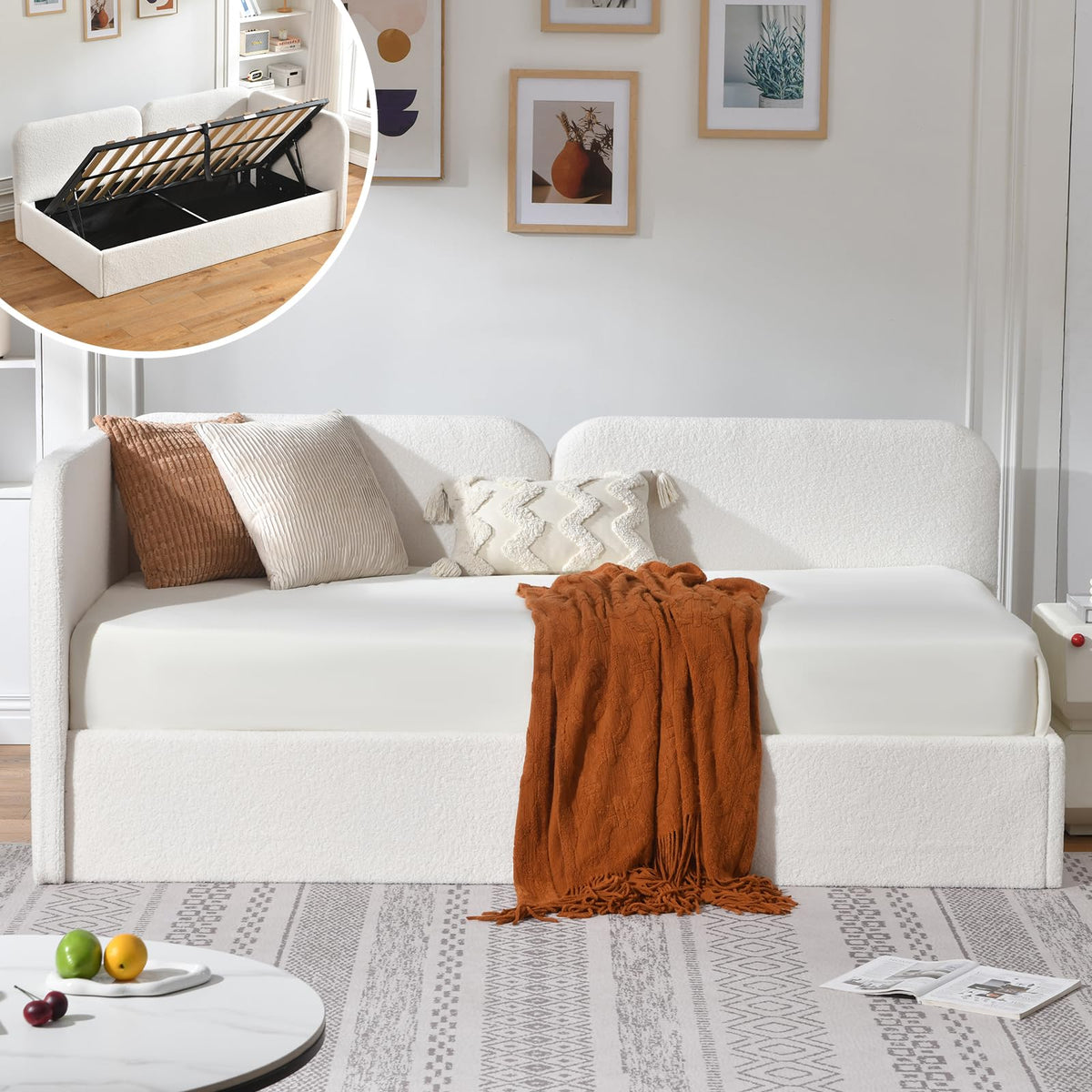 Twin Upholstered Corner Daybed with Lift Storage