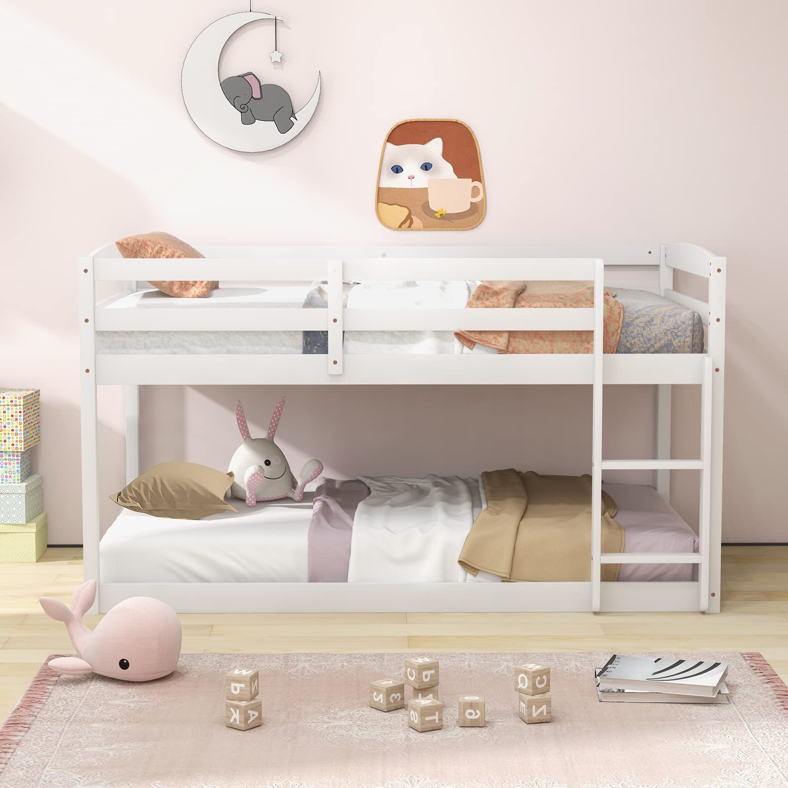 Twin Low Bunk Bed, Solid Wood Twin Over Twin Bunk Bed Frame with Full