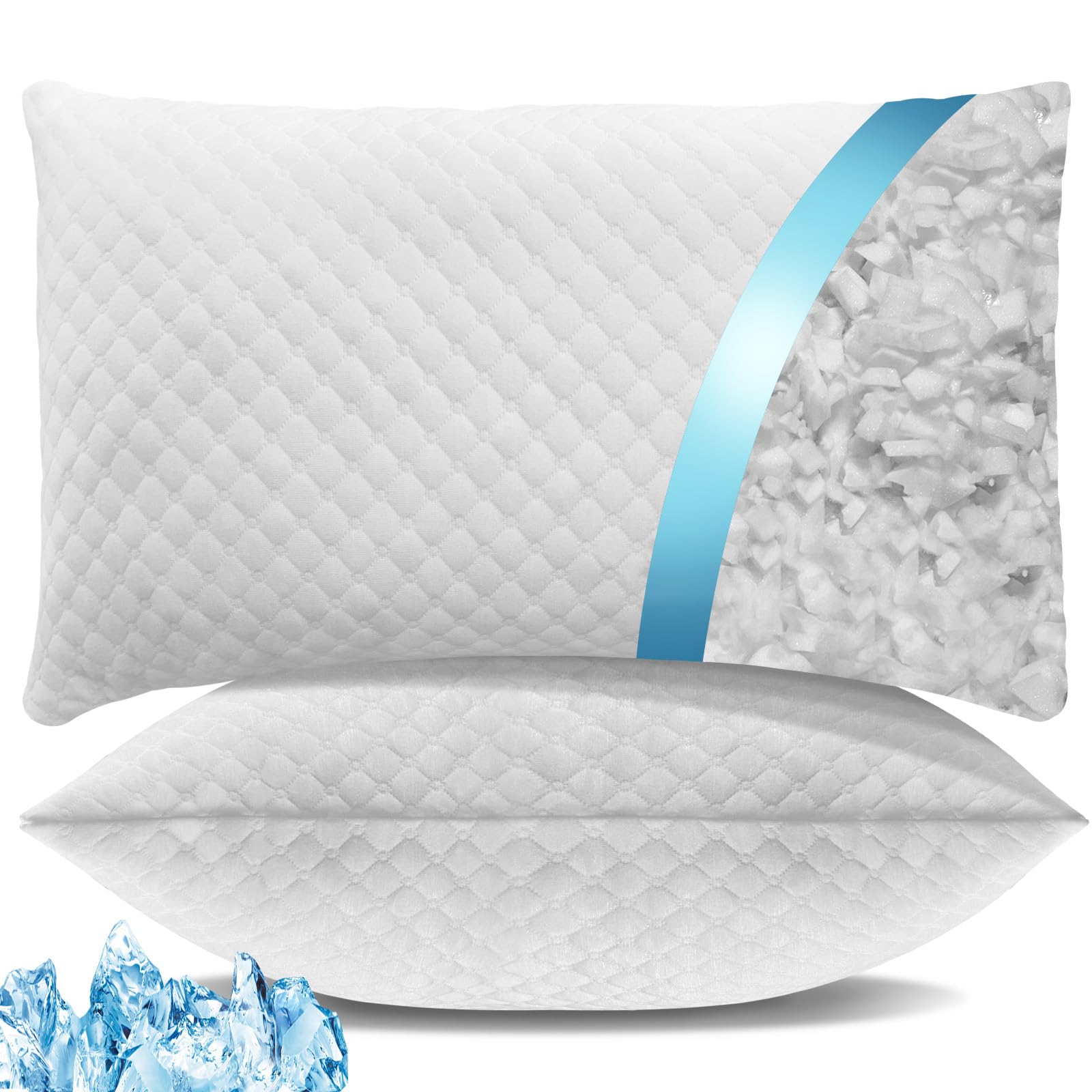 Shredded Memory Foam Pillows, Cooling Bed Pillows Queen Size Set of 2 for Sleeping,