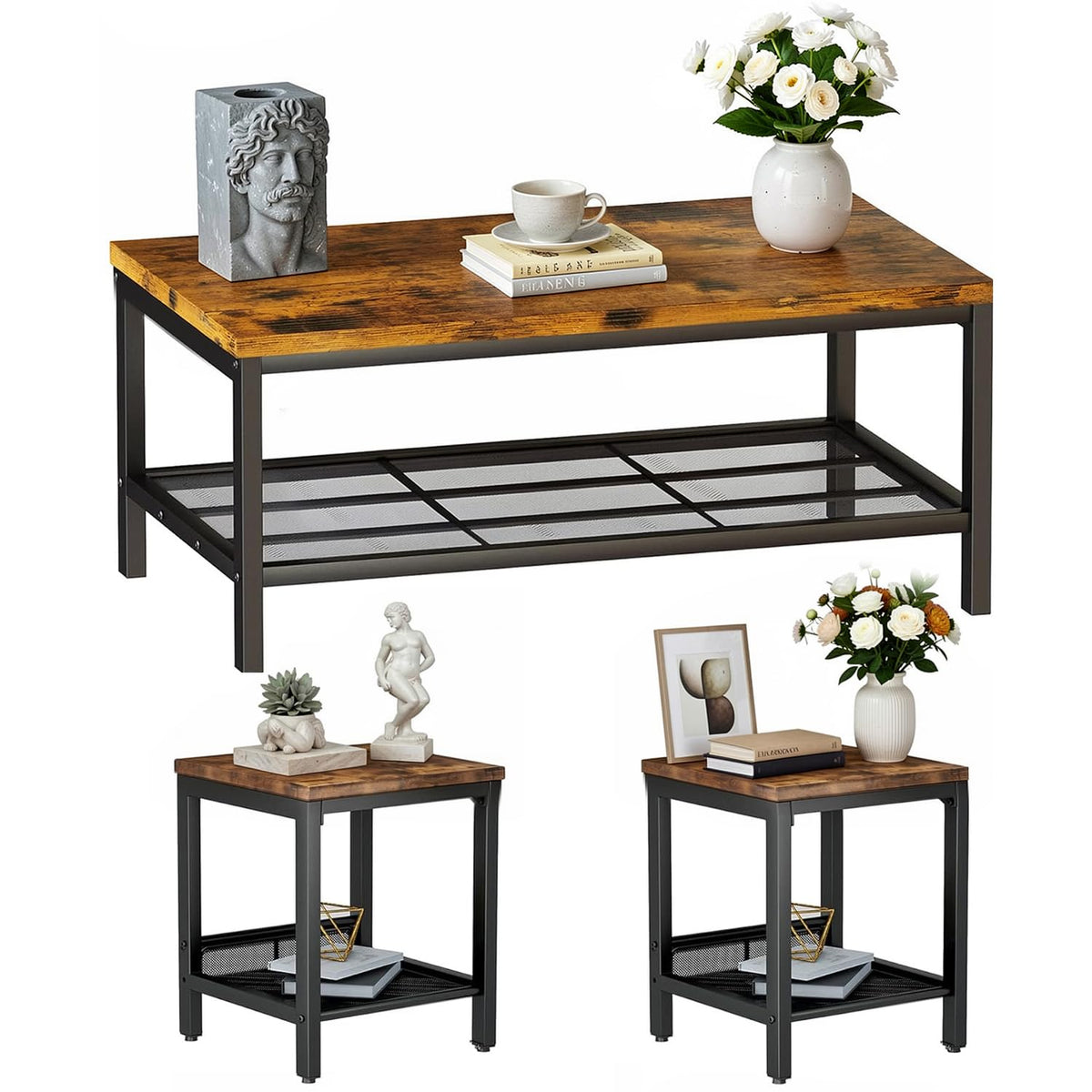 3-Piece Industrial Coffee Table Set with Metal Legs