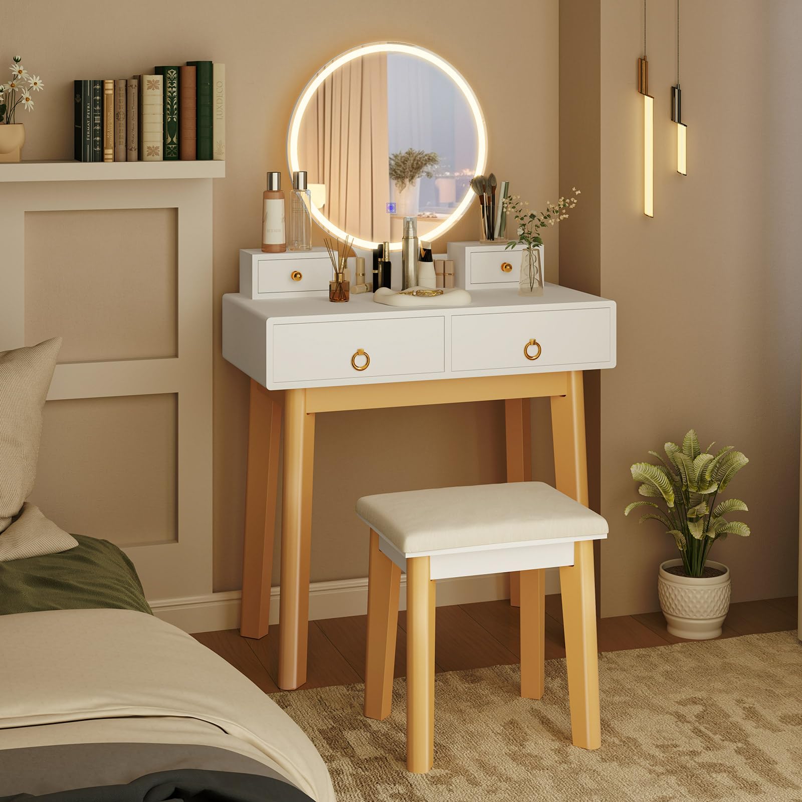 Set with Lighted Mirror, Dressing Table with 3-Color LED Lights, Adjustable Brightness