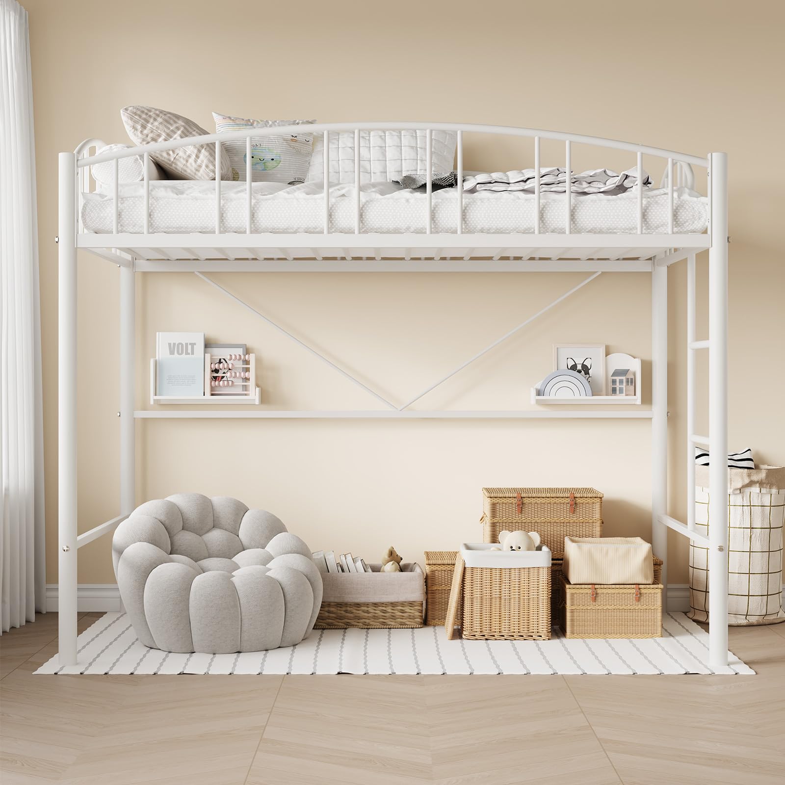 Twin Size with Ladde and Arched Guardrail, Heavy Duty Metal Loft