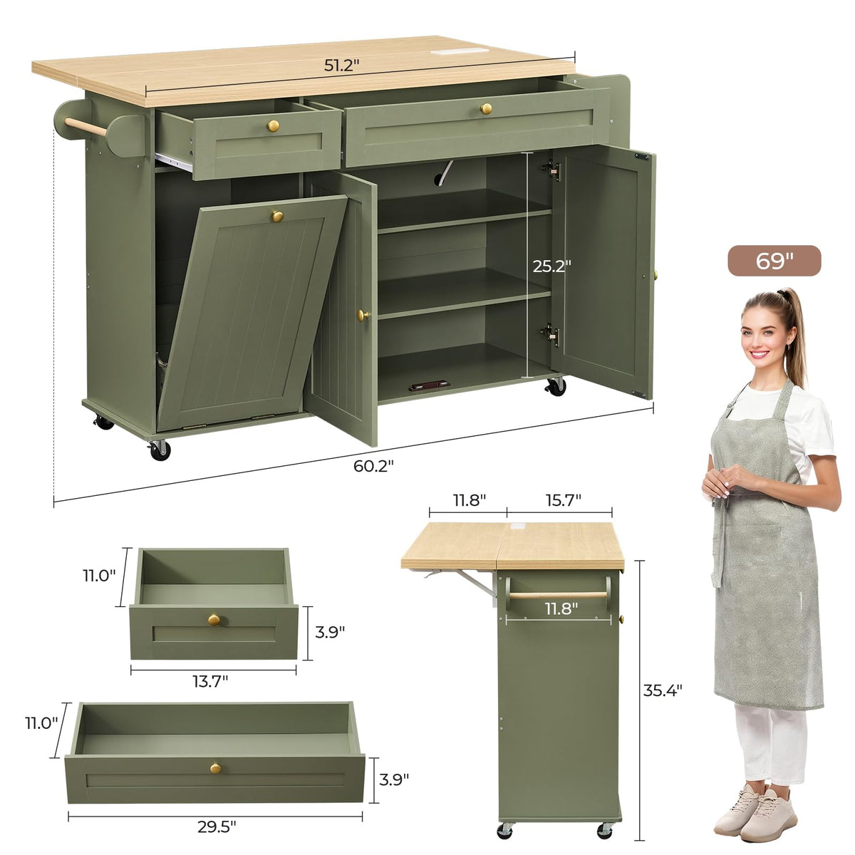 Rolling Kitchen Island with Drop Leaf & Power Outlet