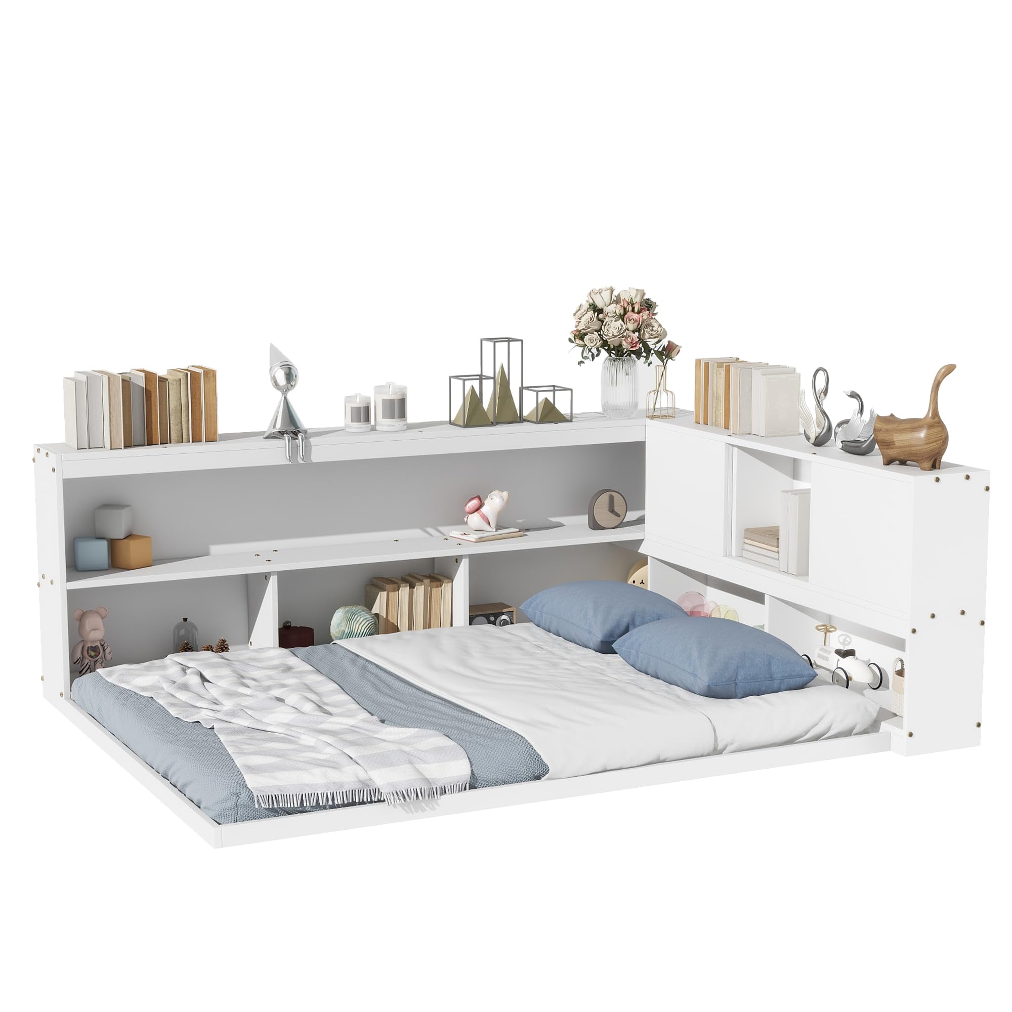 Bed with L-shaped Bookcases, Sliding Doors without Slats