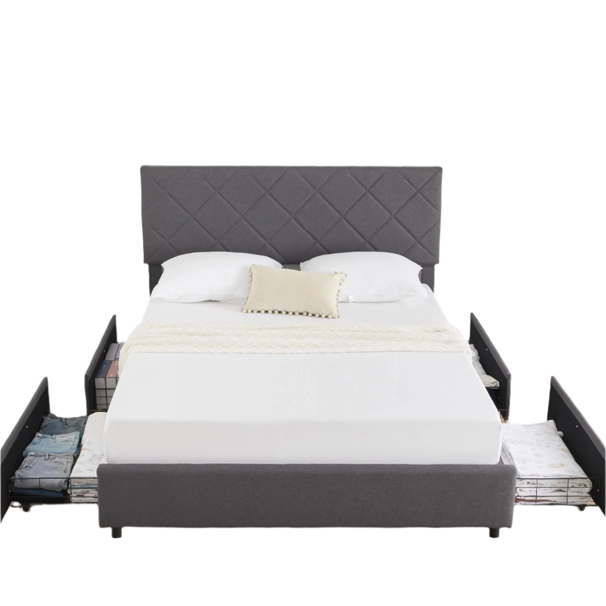 Queen Bed Frame Upholstered Bed Frame Platform with 4 Storage Drawers