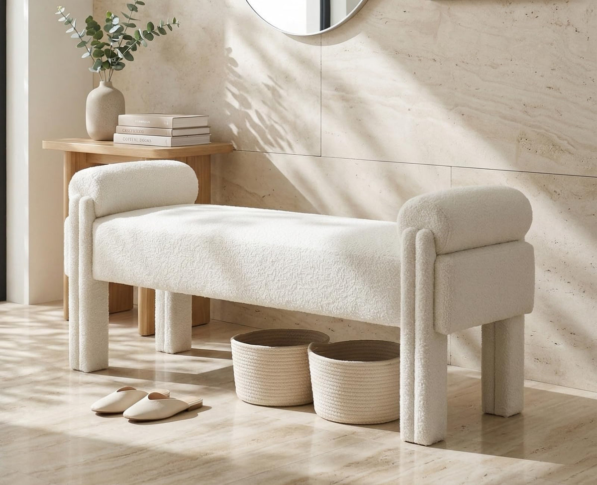 Upholstered End of Bed Bench with Boucle Fabric