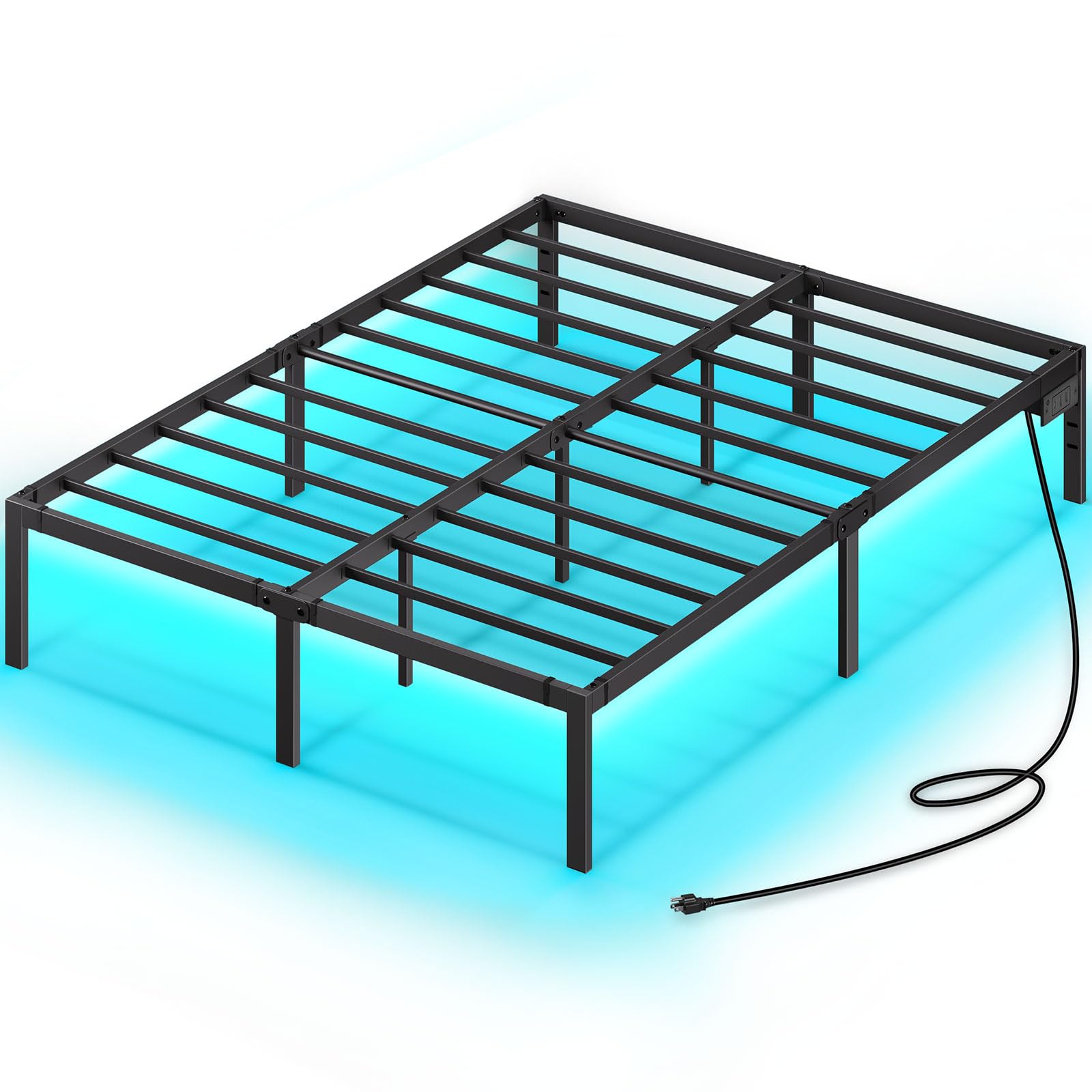 Bed Frame with USB Charging Station, Full Bed Frame with LED Lights