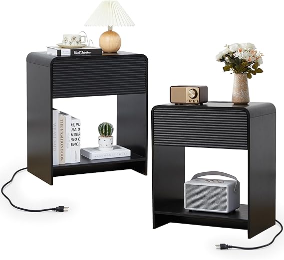 Nightstand with Charging Station, Mid Century Modern Bed Side Table